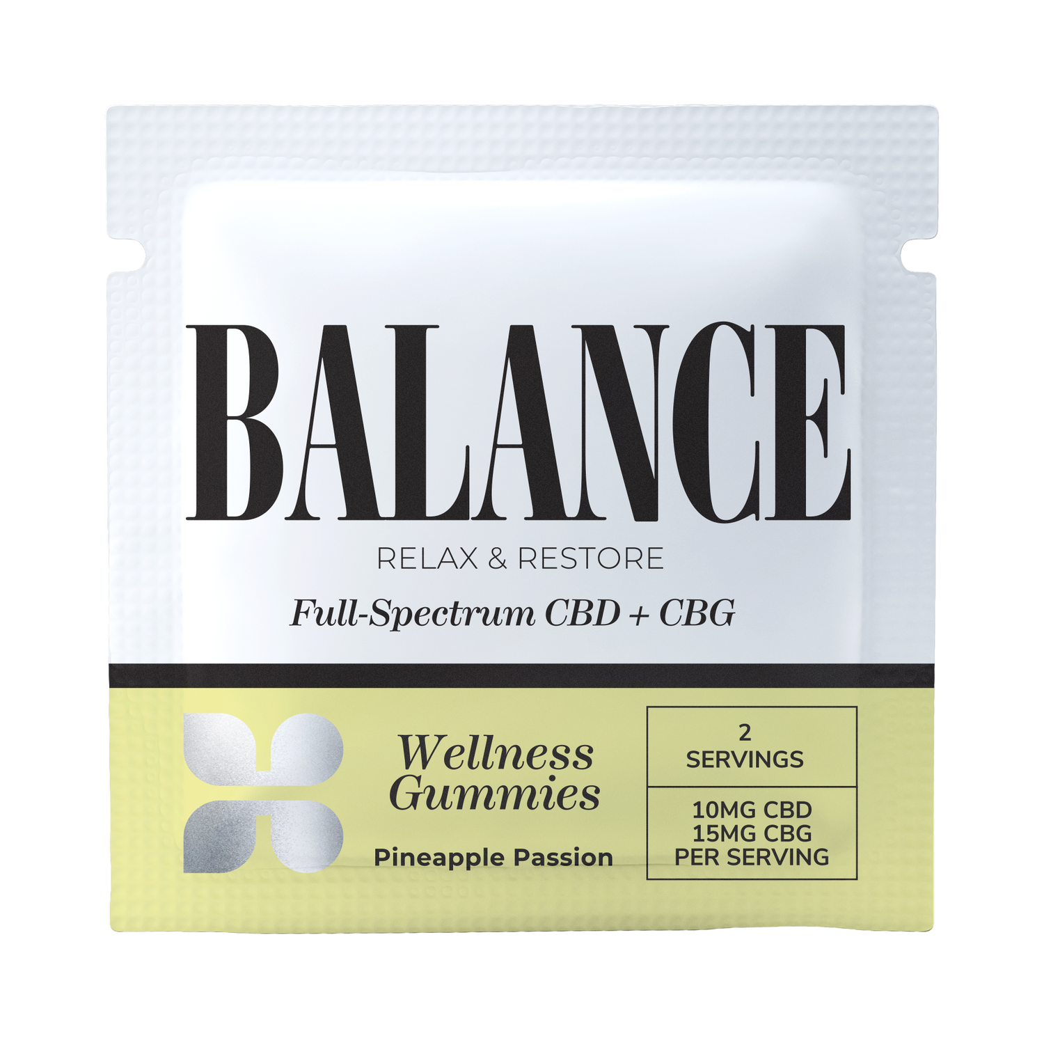 Pineapple Passion Wellness Gummies packaging from Honey Bloom, featuring BALANCE brand. Contains full-spectrum CBD + CBG with 2 servings offering 10mg CBD and 15mg CBG each for relaxation and restoration.