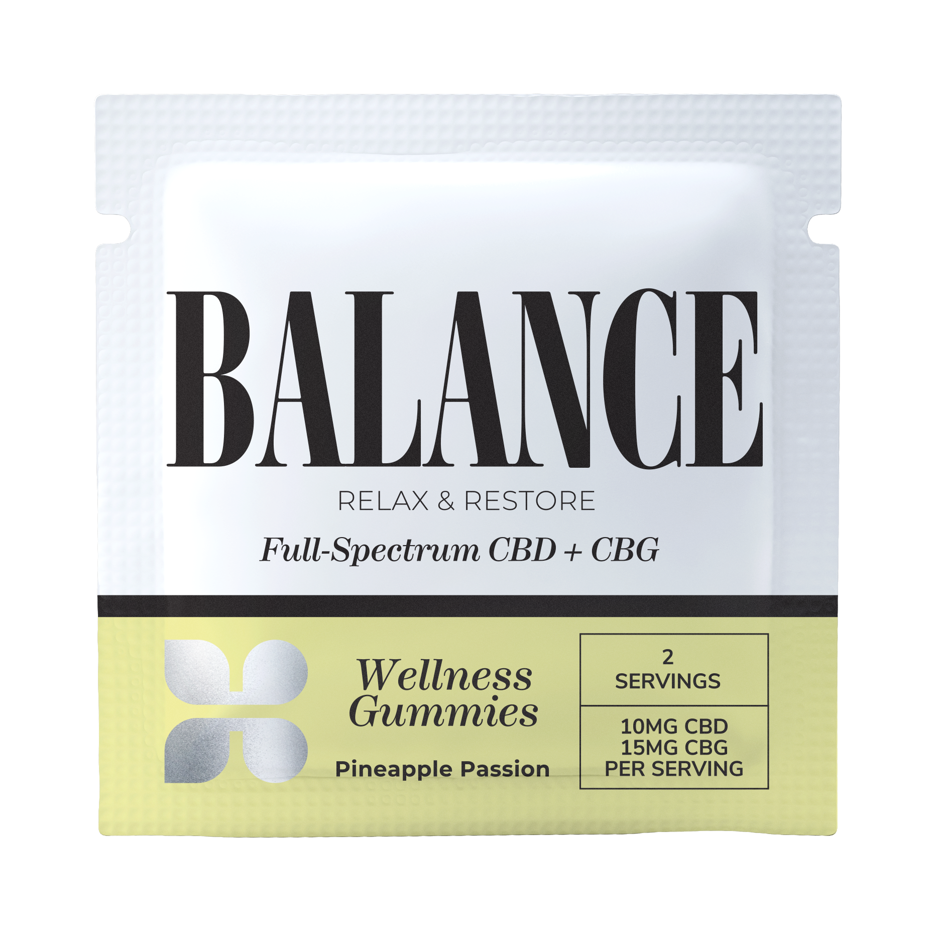 Pineapple Passion Wellness Gummies packaging from Honey Bloom, featuring BALANCE brand. Contains full-spectrum CBD + CBG with 2 servings offering 10mg CBD and 15mg CBG each for relaxation and restoration.