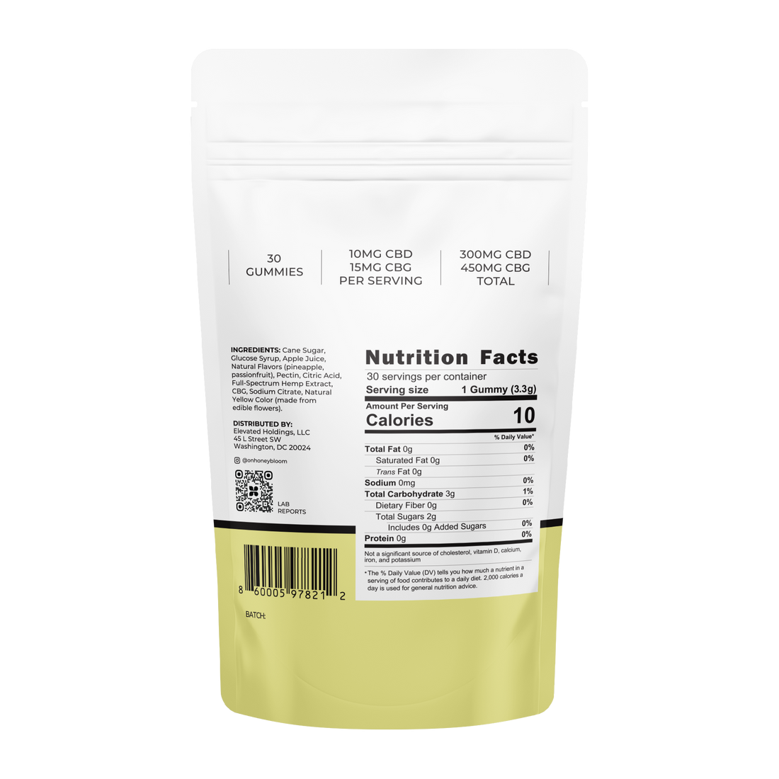 Back of Honey Bloom CBD+CBG Gummies package showing nutritional facts and ingredients.