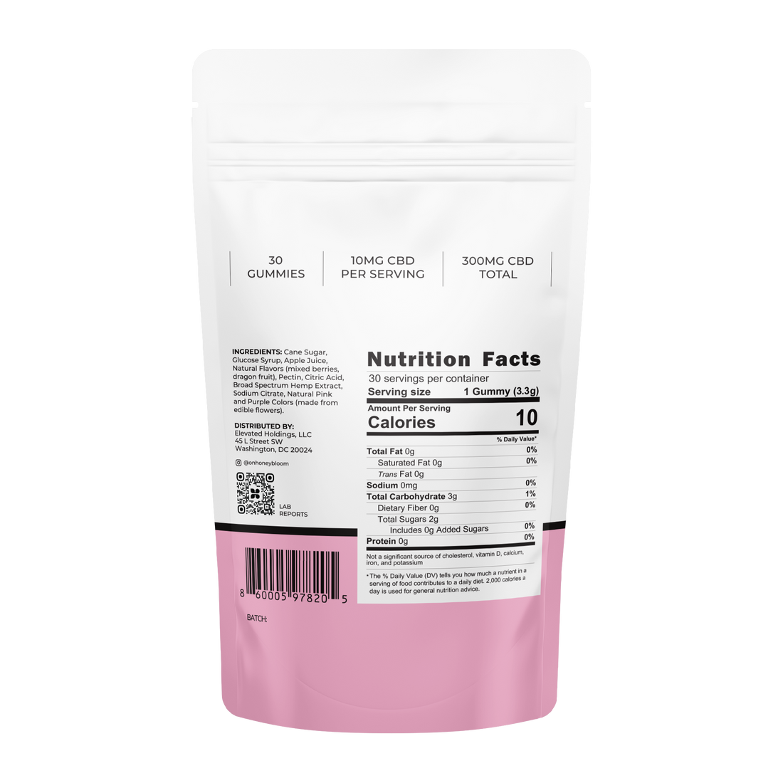 Back view of Honey Bloom Calm Gummies packaging displaying nutritional facts and ingredients, highlighting 30 gummies with 10mg CBD per serving, totaling 300mg CBD for stress relief.