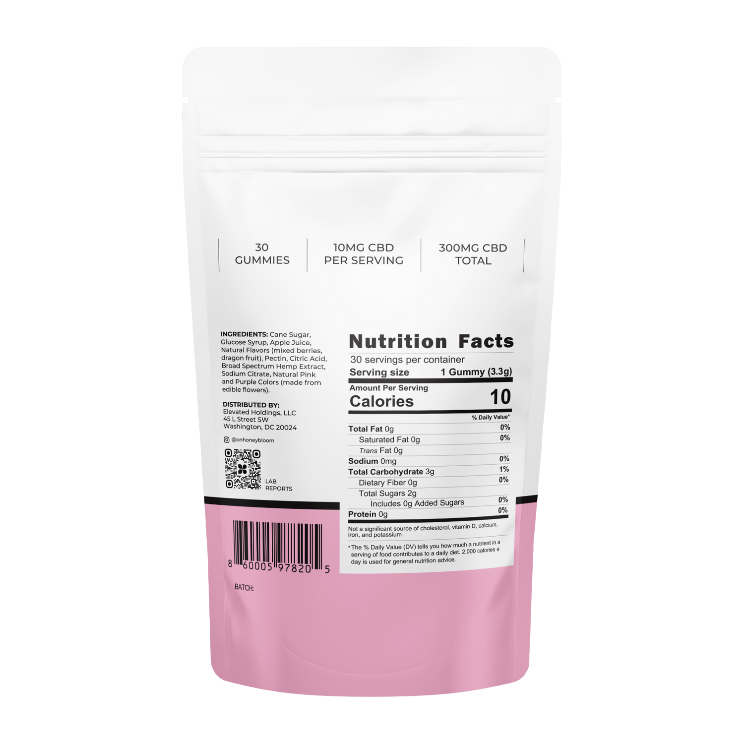 Back view of Honey Bloom Calm Gummies packaging displaying nutritional facts and ingredients, highlighting 30 gummies with 10mg CBD per serving, totaling 300mg CBD for stress relief.