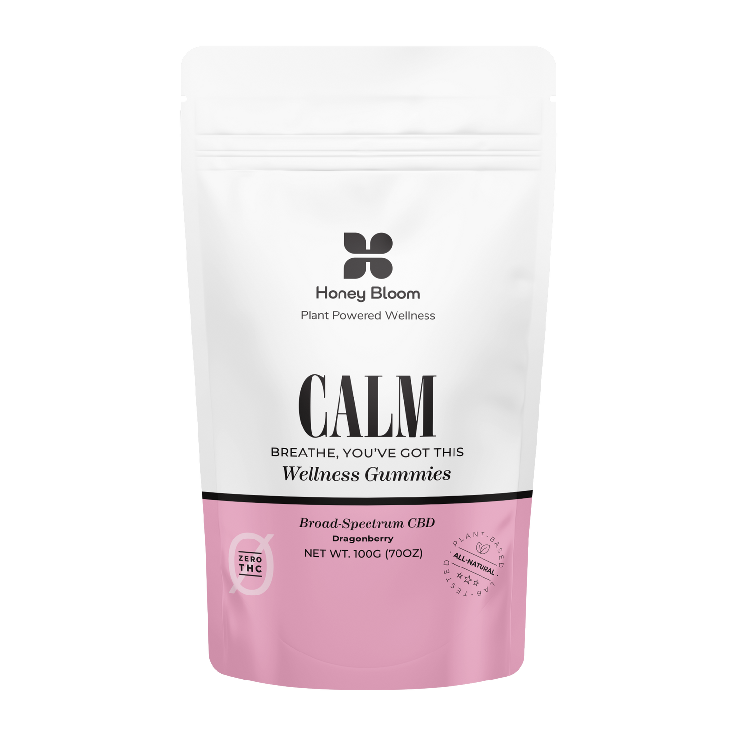 Honey Bloom Calm Gummies packaging featuring plant-powered wellness ingredients with broad-spectrum CBD and dragonberry flavor for stress relief.