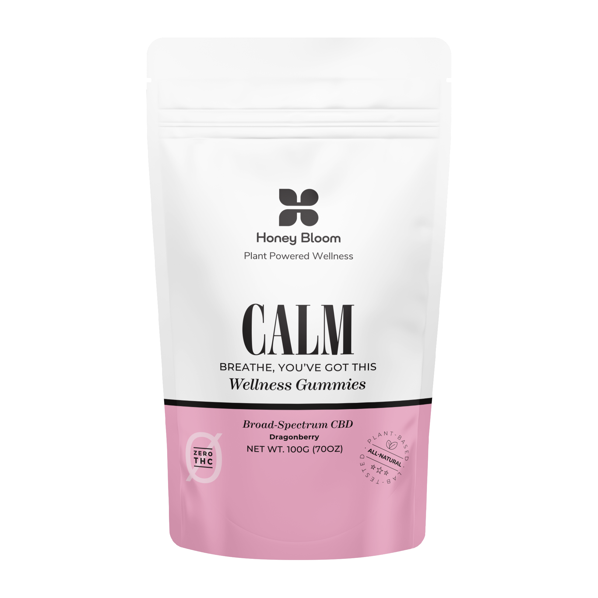 Honey Bloom Calm Gummies packaging featuring plant-powered wellness ingredients with broad-spectrum CBD and dragonberry flavor for stress relief.