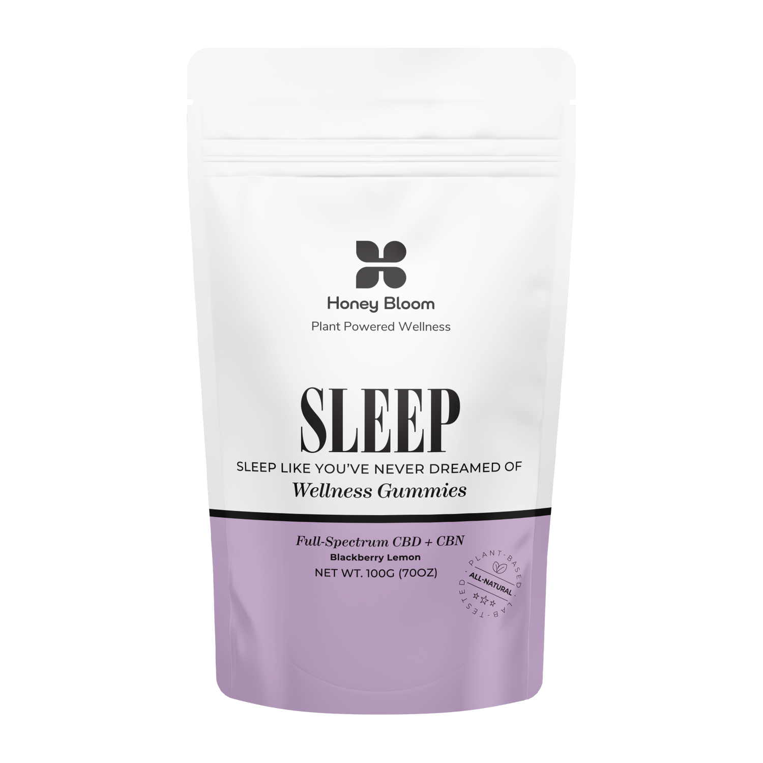 Honey Bloom Sleep Wellness Gummies in a white and purple package, featuring full-spectrum CBD and CBN, Blackberry Lemon flavor, designed for natural sleep aid.