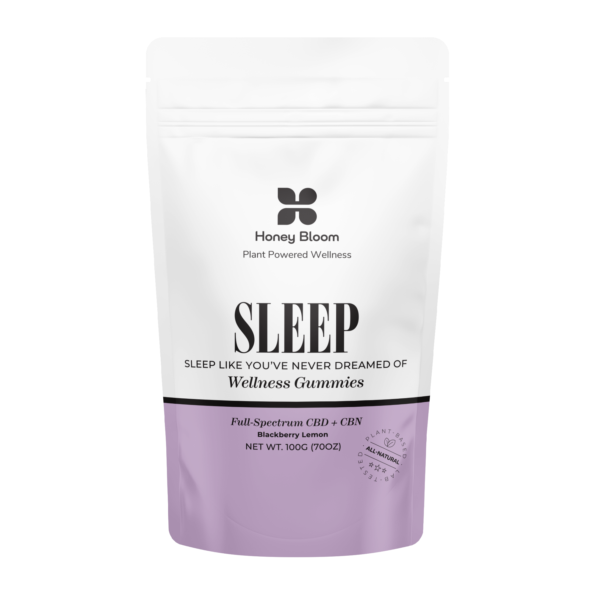 Honey Bloom Sleep Wellness Gummies in a white and purple package, featuring full-spectrum CBD and CBN, Blackberry Lemon flavor, designed for natural sleep aid.