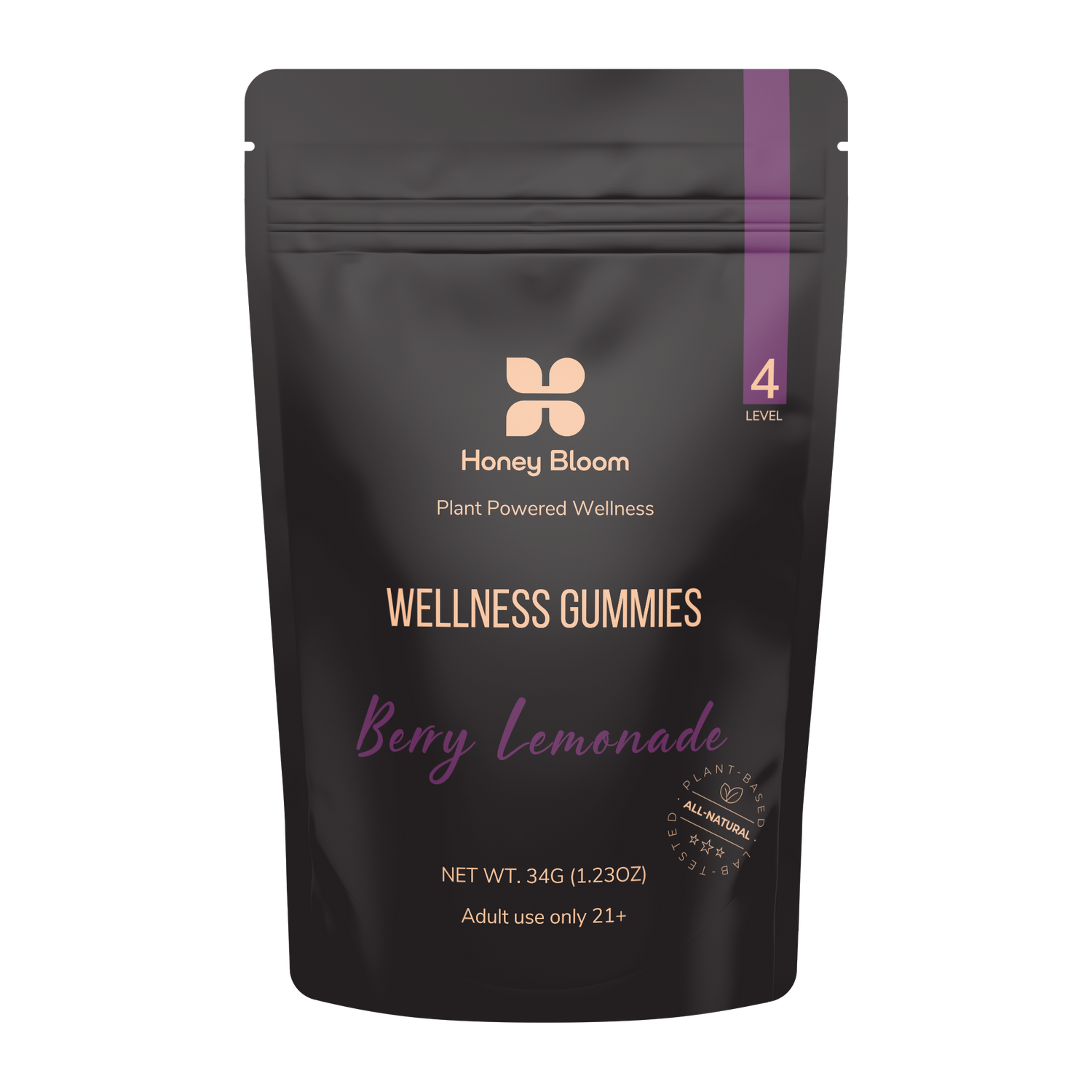 Honey Bloom Gummies Berry Lemonade packaging, emphasizing plant-powered wellness and adult use for enhanced wellbeing.