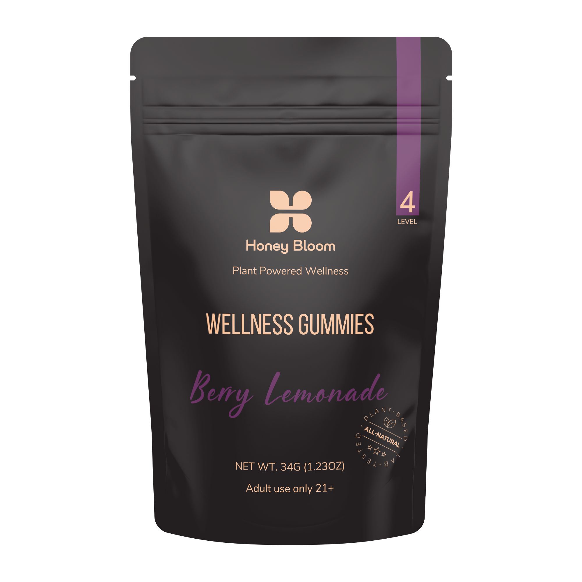 Honey Bloom Gummies Berry Lemonade packaging, emphasizing plant-powered wellness and adult use for enhanced wellbeing.