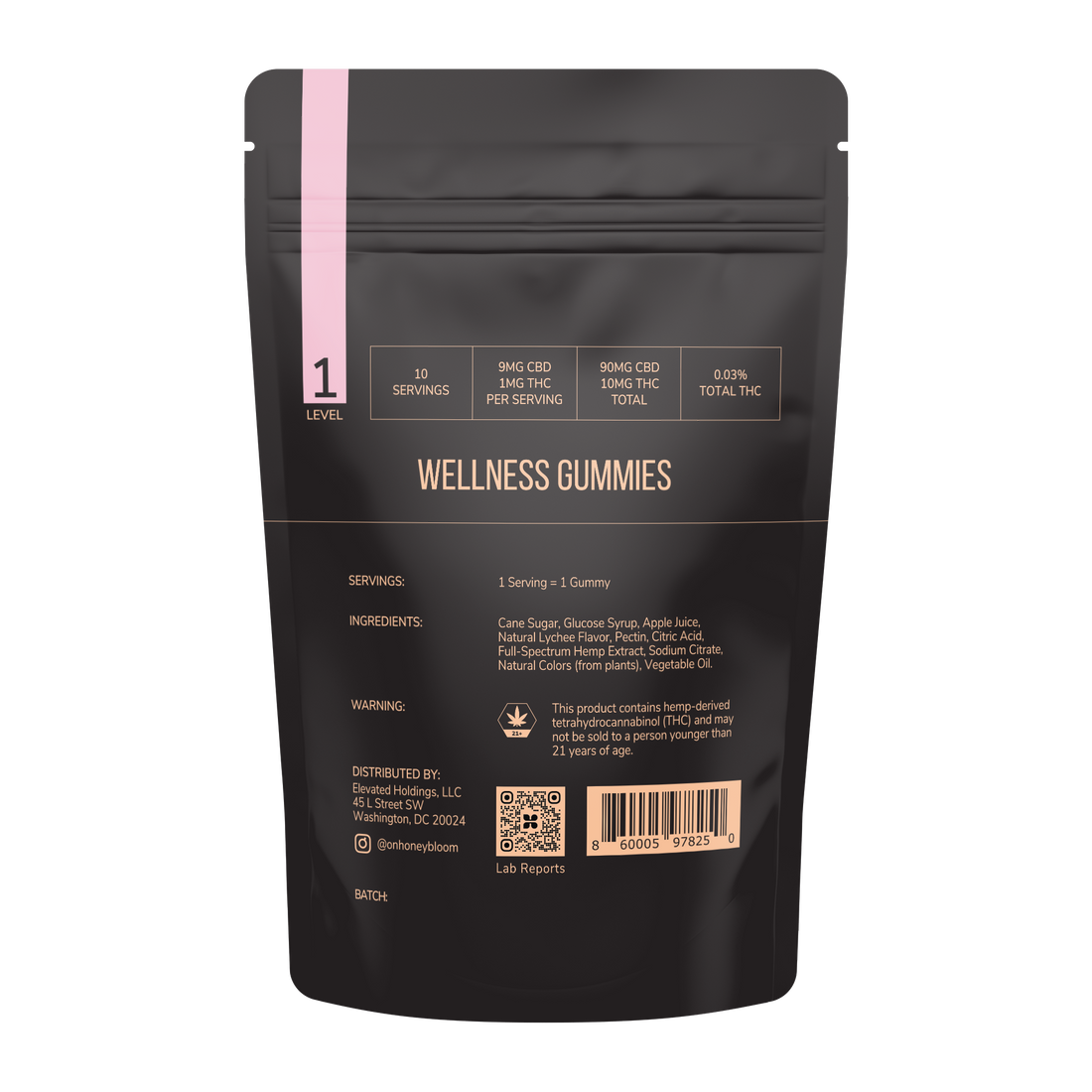 Package of Honey Bloom Level 1 Gummies with CBD and THC details for calming and relaxation.