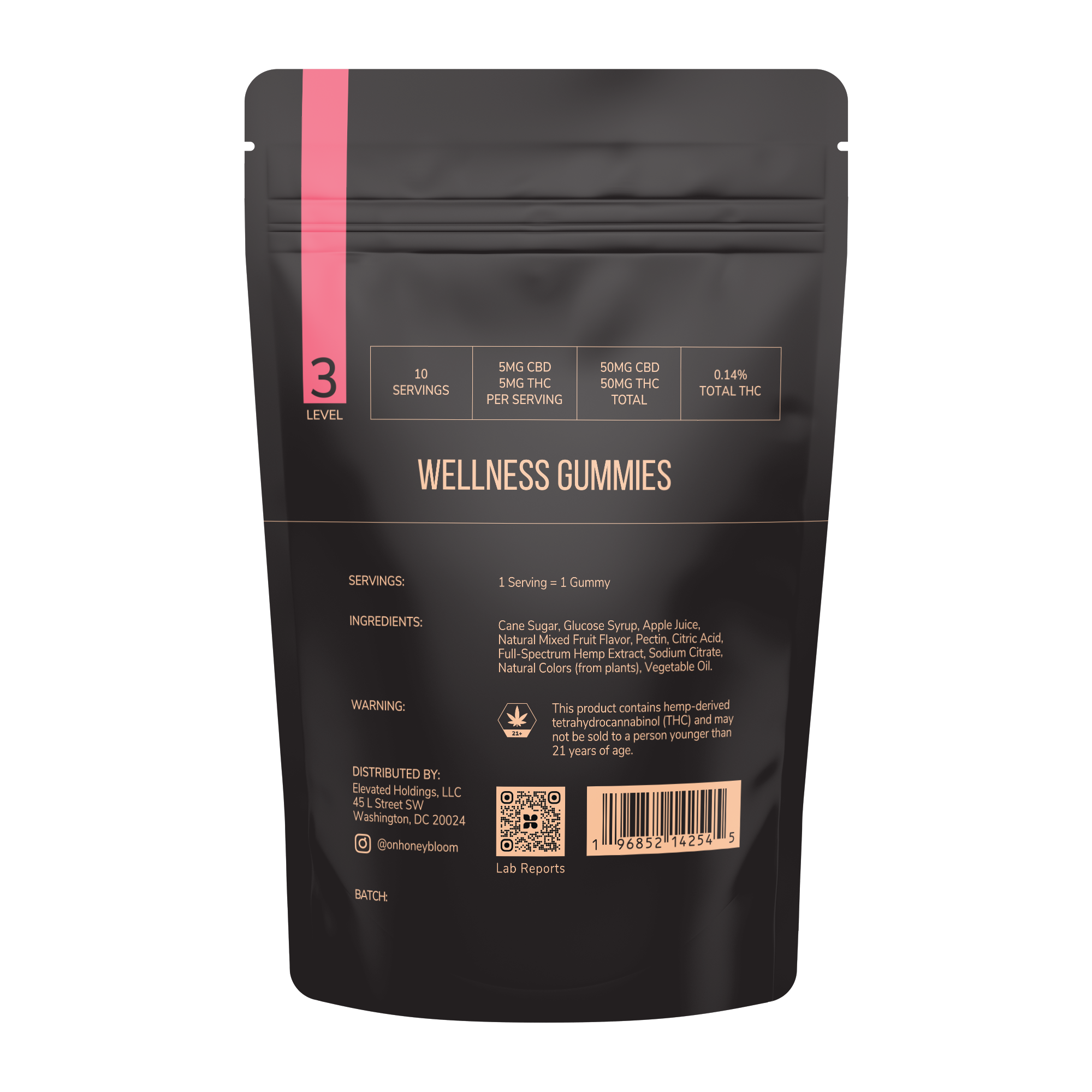 Black and pink packaging for Honey Bloom Moderate Effect Gummies displaying Level 3. Contains 10 servings with 5mg CBD and 5mg THC each. Ingredients include cane sugar, glucose syrup, apple juice, and full-spectrum hemp extract. Warning about THC content for users over 21. Made by Elevate Holdings, Washington, DC.
