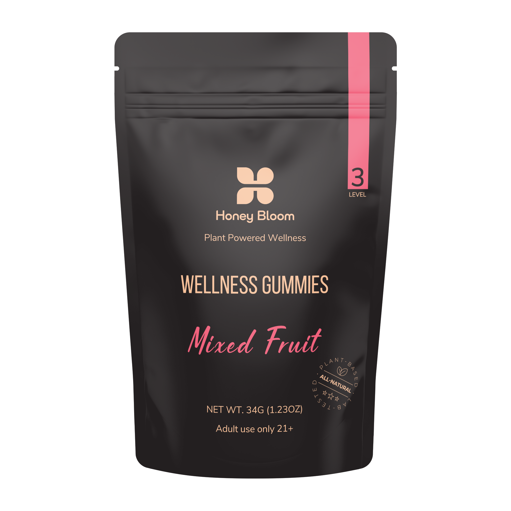 Bag of Honey Bloom Plant Powered Wellness Gummies, labeled &