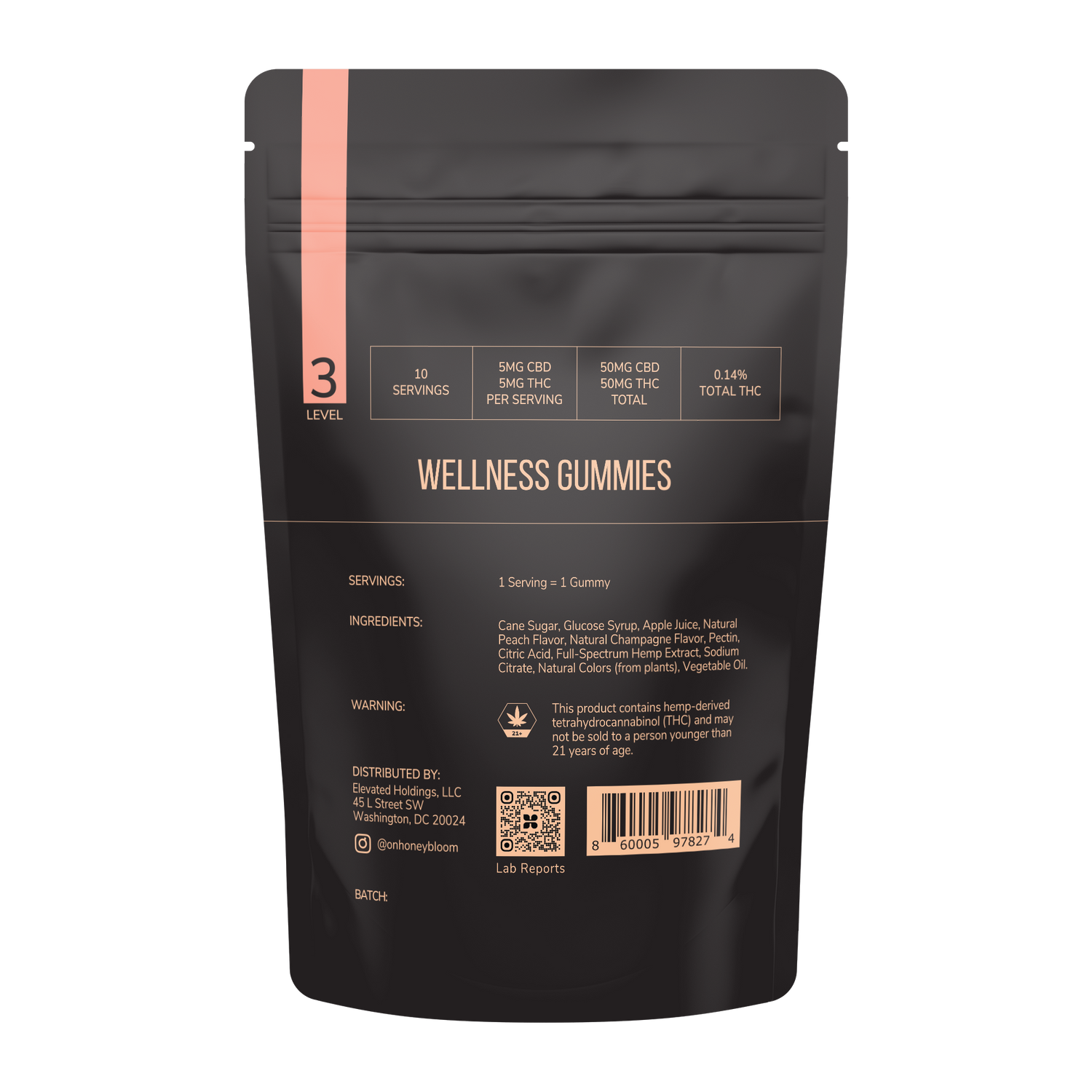 Package of Honey Bloom Wellness Gummies, Level 3, containing 10 servings with 5mg CBD and 5mg THC per serving. Includes ingredients like cane sugar, natural flavors, and hemp extract. Warning about THC content and age restriction.