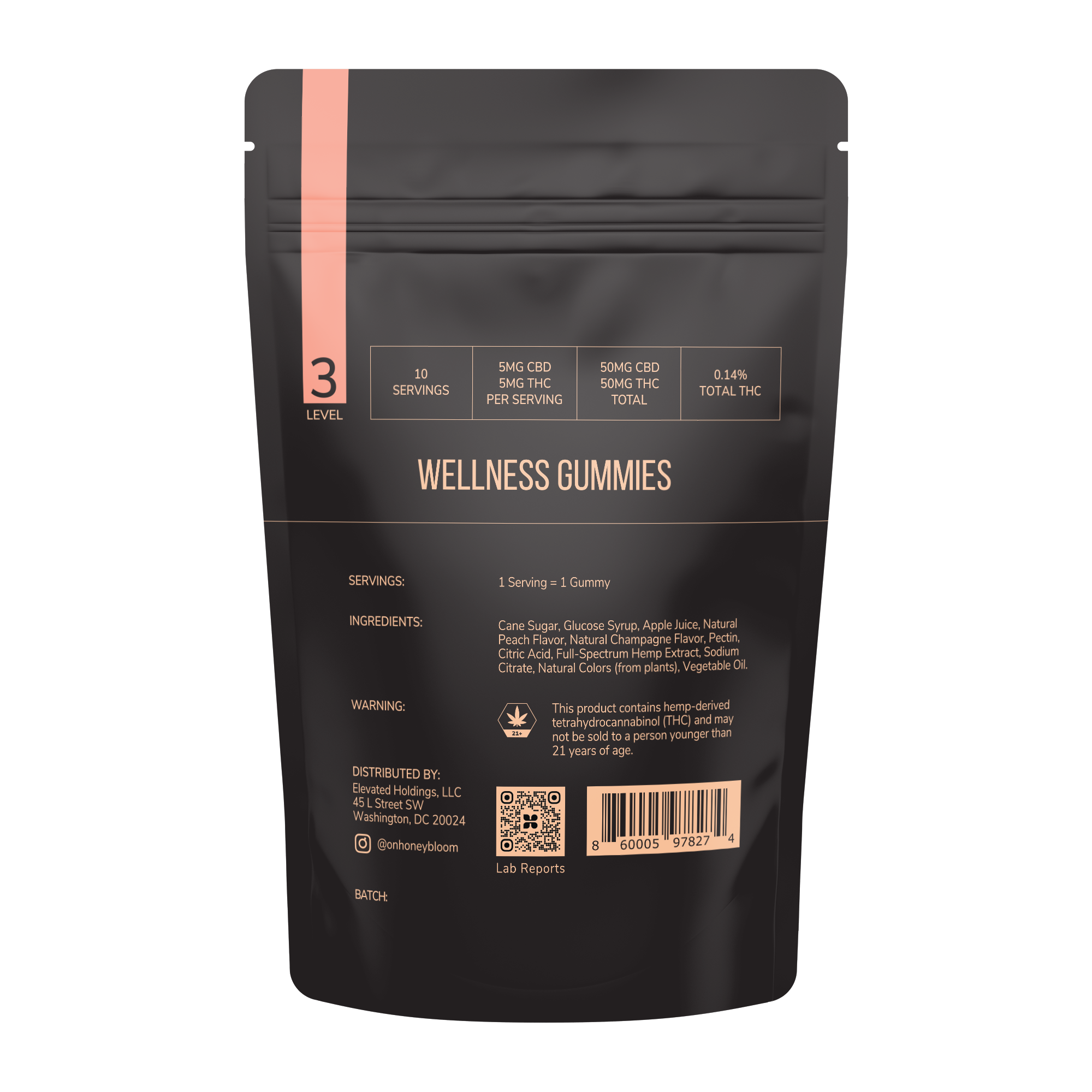 Package of Honey Bloom Wellness Gummies, Level 3, containing 10 servings with 5mg CBD and 5mg THC per serving. Includes ingredients like cane sugar, natural flavors, and hemp extract. Warning about THC content and age restriction.