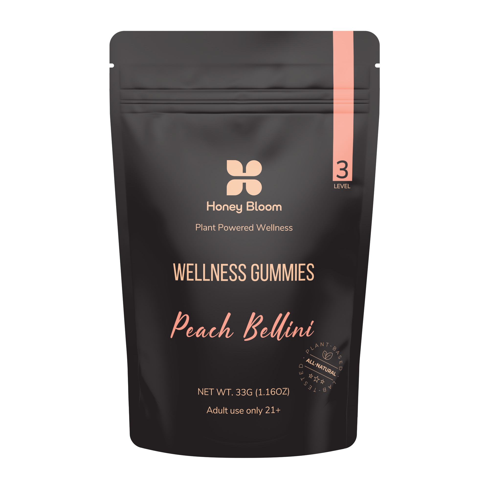 Pack of Honey Bloom Moderate Effect Gummies with Peach Bellini flavor, designed for balanced relaxation and euphoria, labeled for adult use only, plant-powered wellness, 33g.