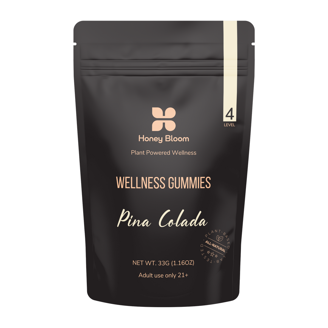 Pina Colada flavored Honey Bloom Level 4 Wellness Gummies in a black package promoting plant-powered wellness for adults 21+.