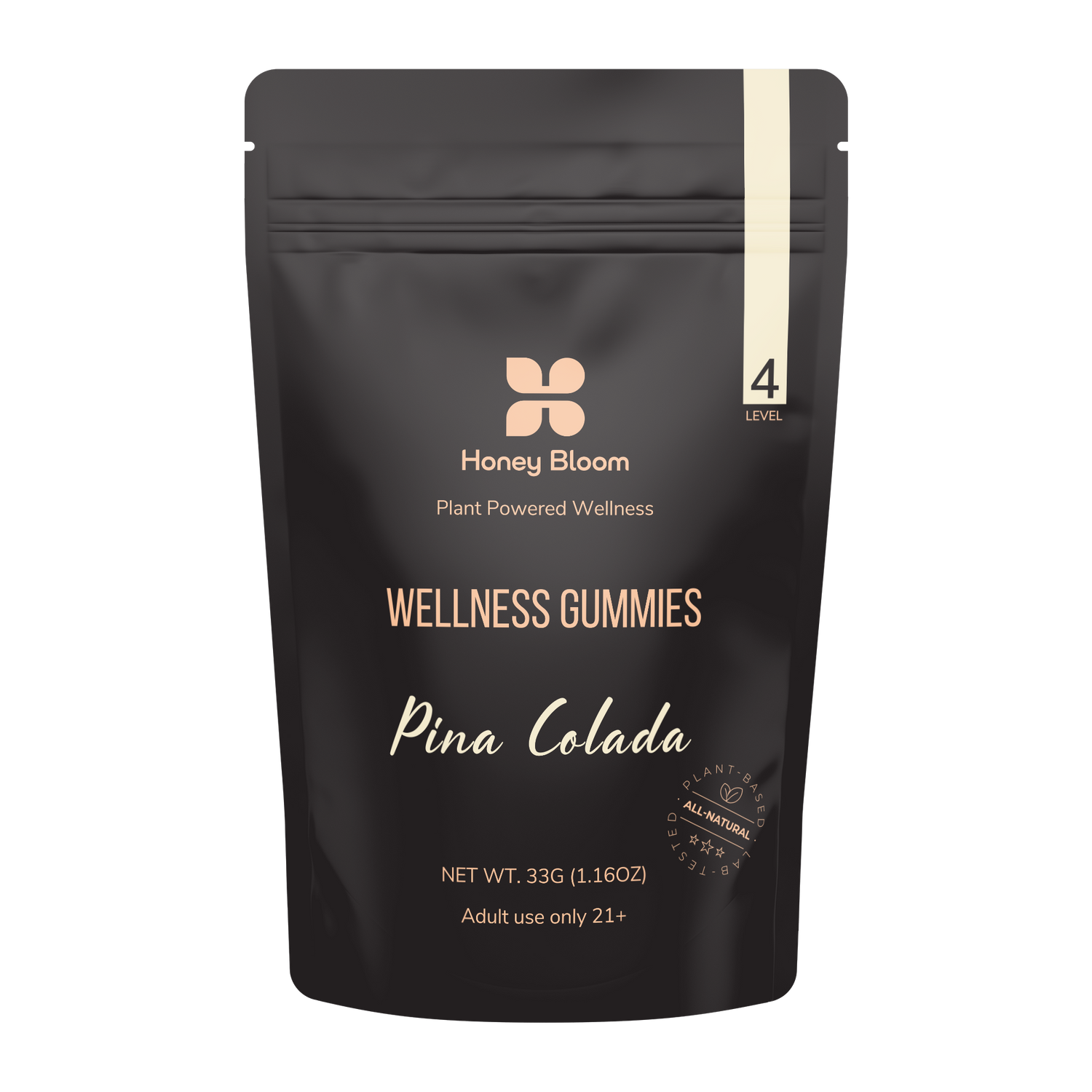 Pina Colada flavored Honey Bloom Level 4 Wellness Gummies in a black package promoting plant-powered wellness for adults 21+.