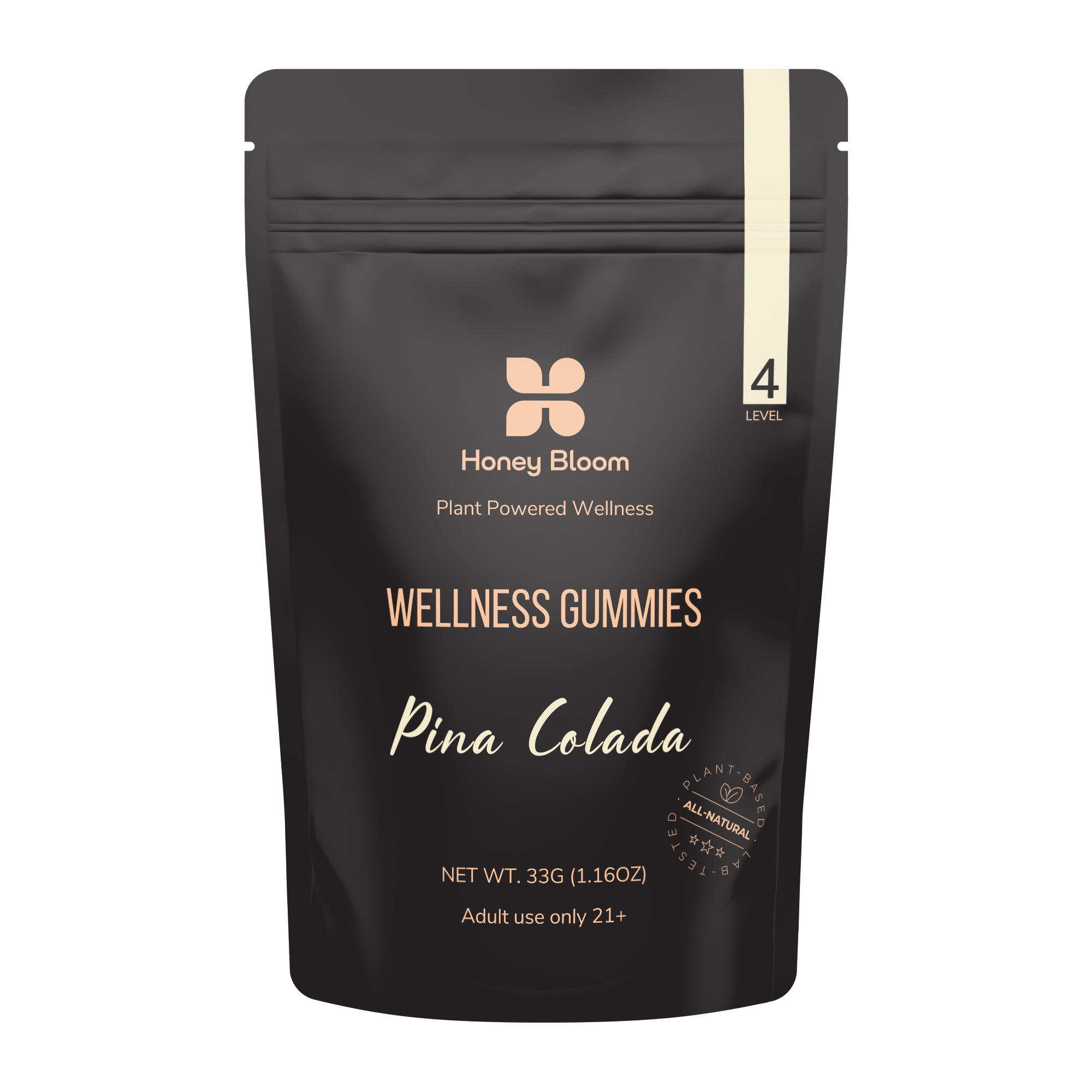 Pina Colada flavored Honey Bloom Level 4 Wellness Gummies in a black package promoting plant-powered wellness for adults 21+.