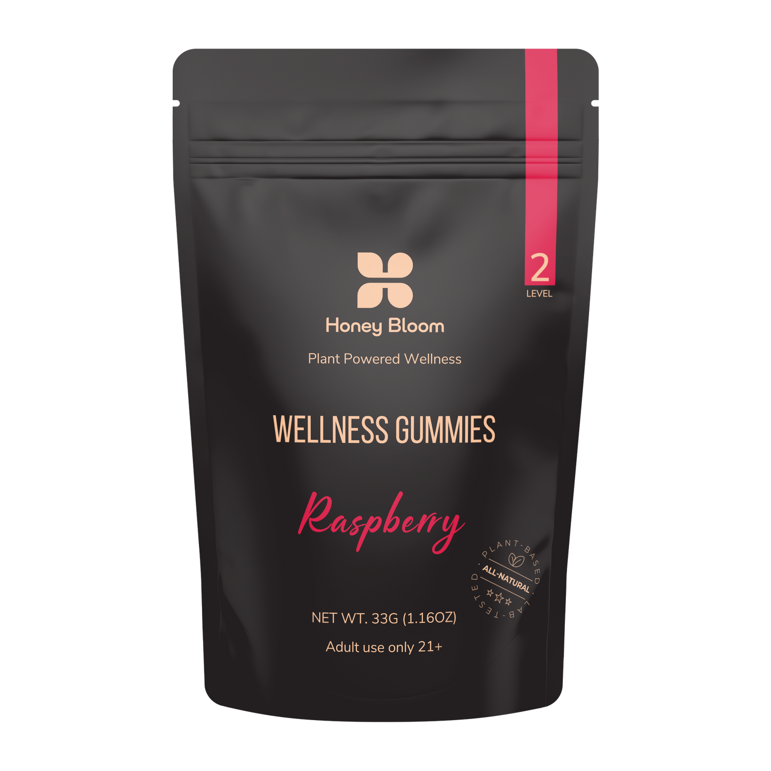 Packaging of Honey Bloom Raspberry Wellness Gummies, Plant Powered Wellness, 10-Pack Bliss. Adult use only 21+. Net weight 33g (1.16oz).
