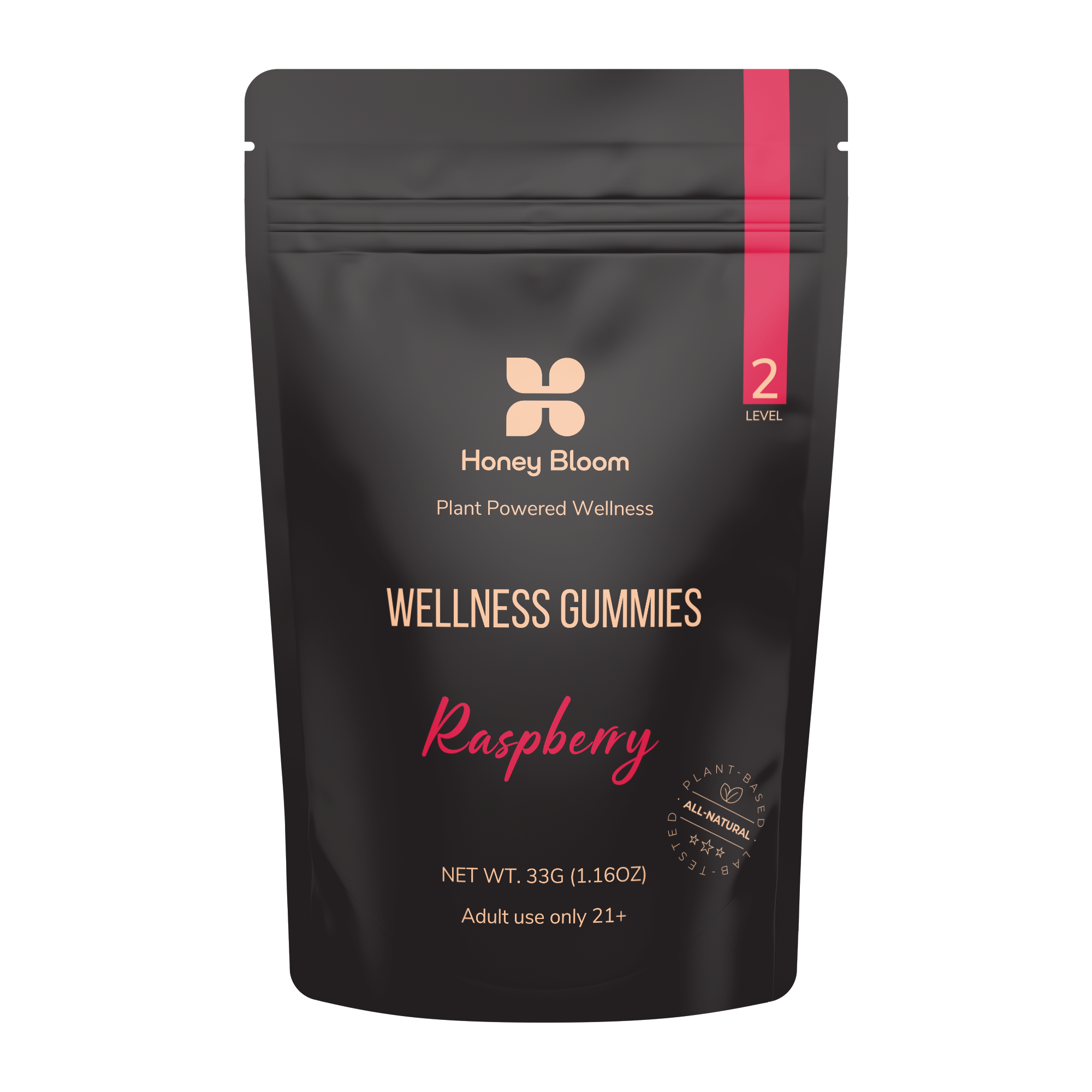 Packaging of Honey Bloom Raspberry Wellness Gummies, Plant Powered Wellness, 10-Pack Bliss. Adult use only 21+. Net weight 33g (1.16oz).