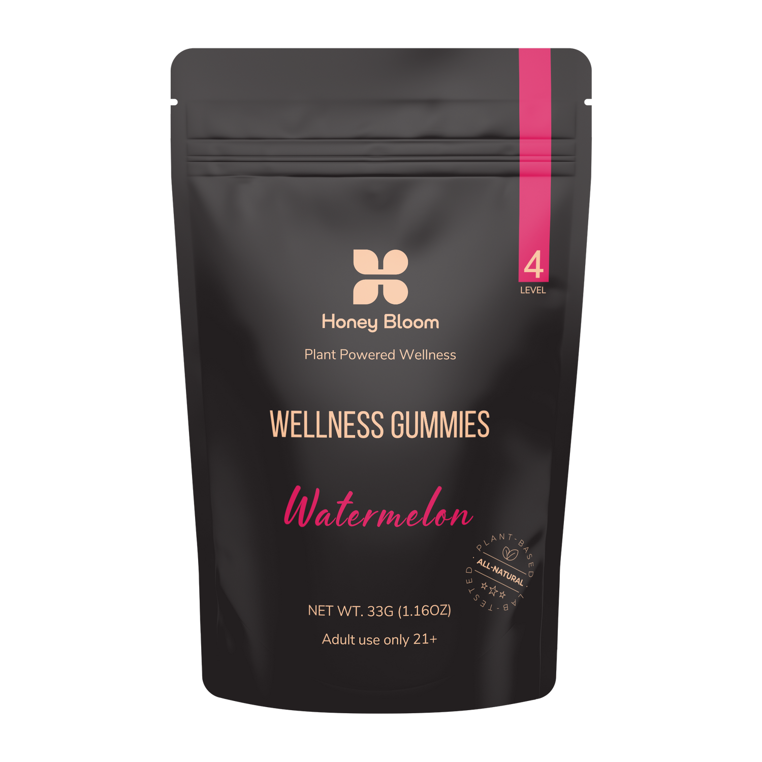 Black pouch packaging of Honey Bloom Level 4 Wellness Gummies, featuring the words &