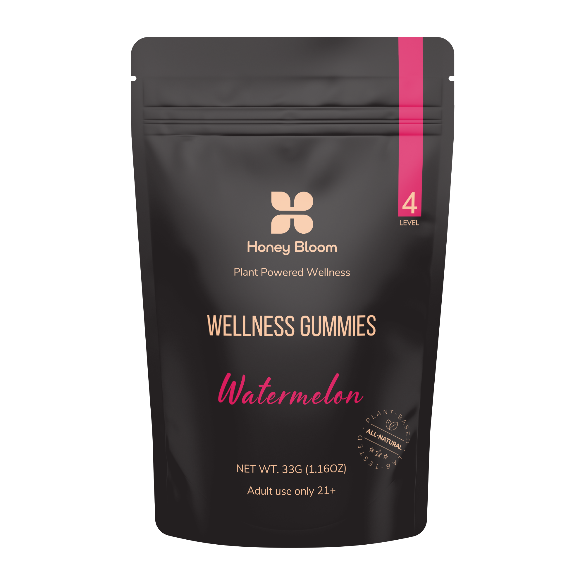Black pouch packaging of Honey Bloom Level 4 Wellness Gummies, featuring the words &