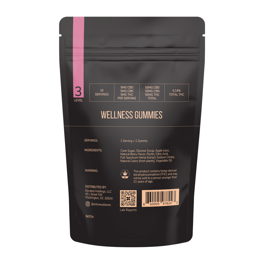Black packaging of Level 3 Wellness Gummies by Honey Bloom, featuring ingredients like CBD, CBN, and THC for relaxation. Contains details such as servings, ingredients, and product warnings for hemp-derived content. Suitable for users above 21 years of age.