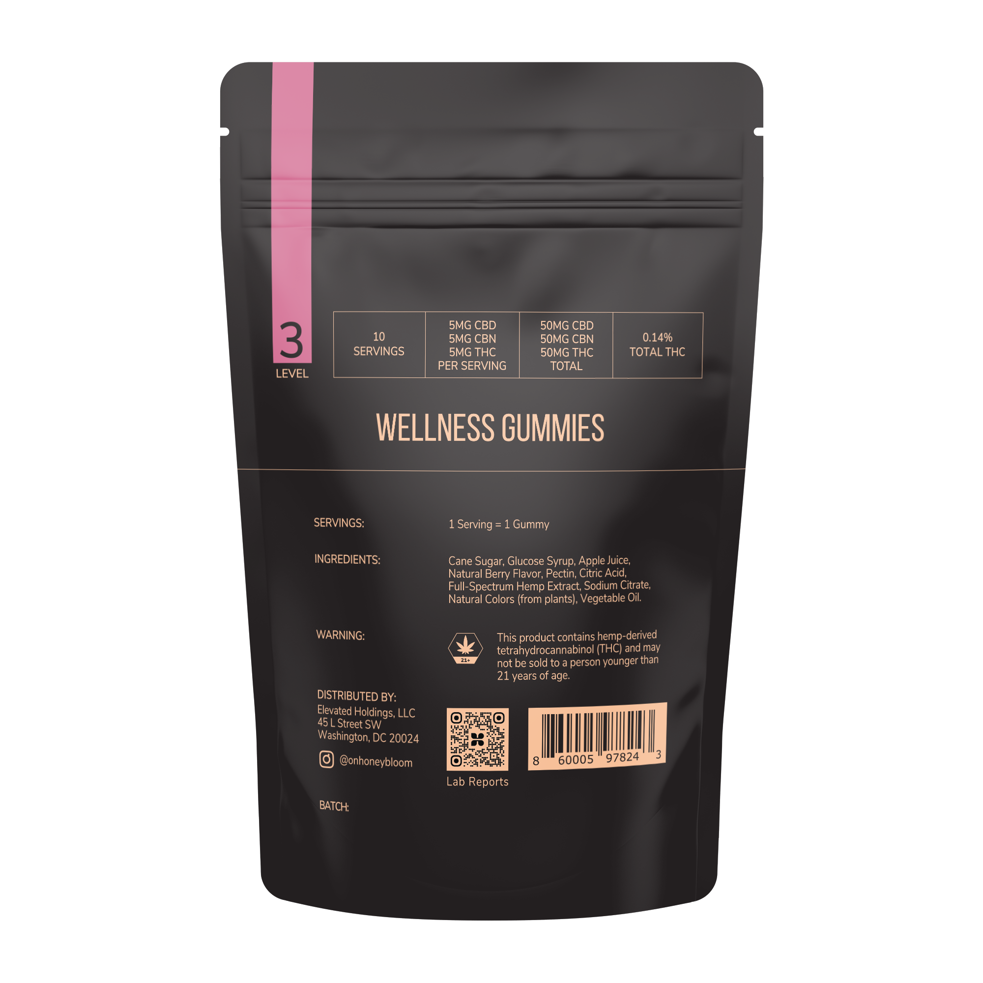 Black packaging of Level 3 Wellness Gummies by Honey Bloom, featuring ingredients like CBD, CBN, and THC for relaxation. Contains details such as servings, ingredients, and product warnings for hemp-derived content. Suitable for users above 21 years of age.
