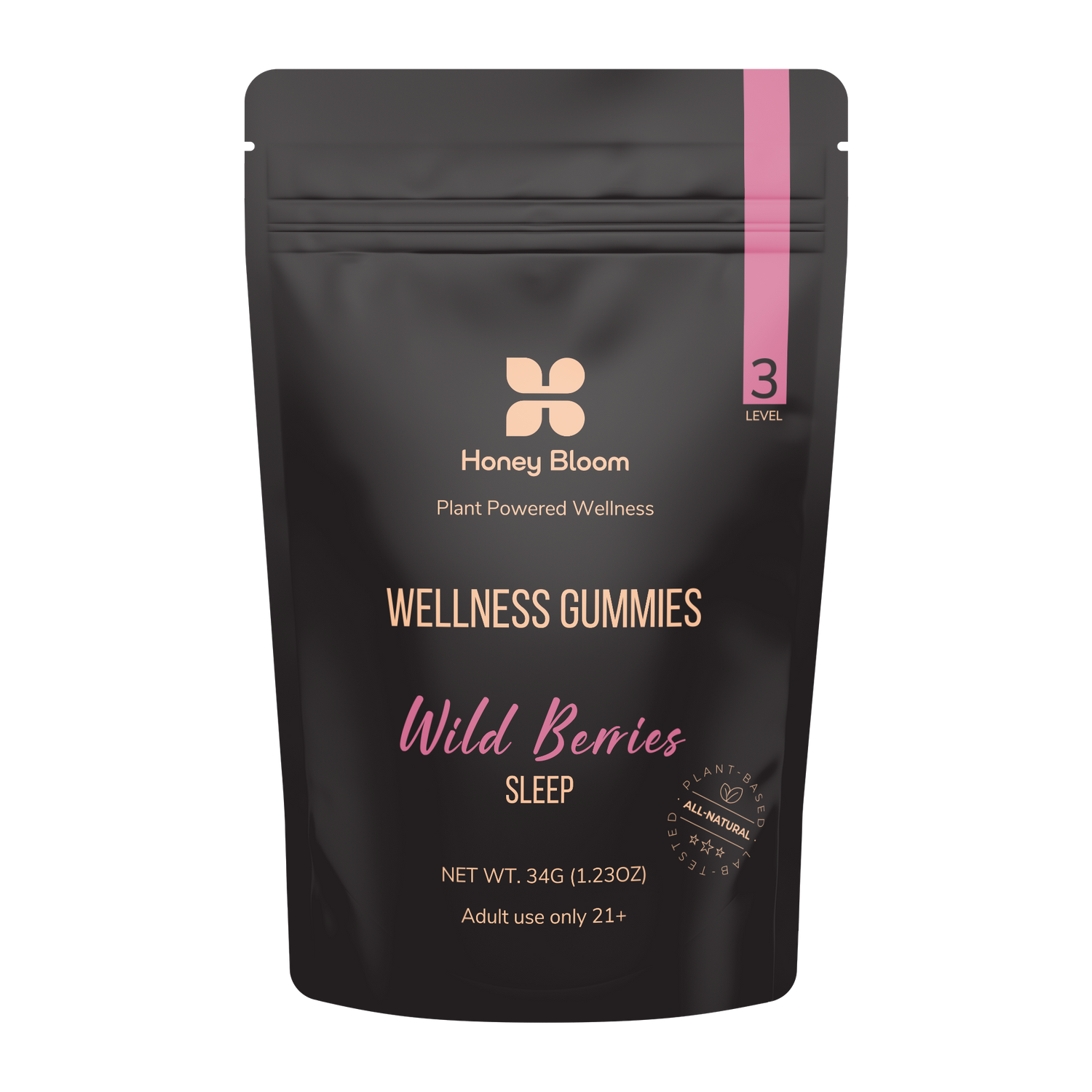 Honey Bloom Level 3 Sleep Gummies packaging featuring THC, CBD, and CBN for relaxation, labeled as Wild Berries flavor. Plant Powered Wellness product, suitable for adults over 21.