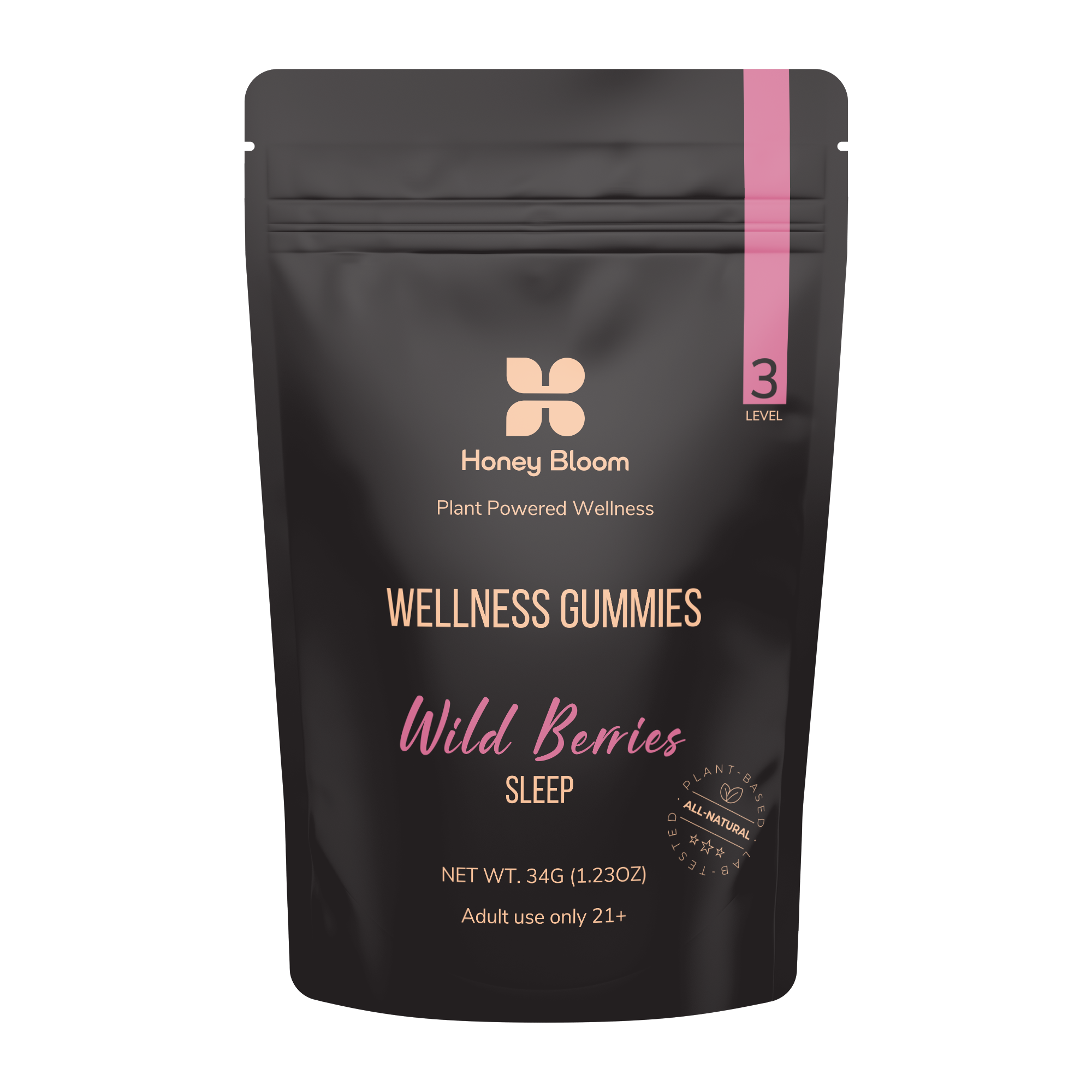 Honey Bloom Level 3 Sleep Gummies packaging featuring THC, CBD, and CBN for relaxation, labeled as Wild Berries flavor. Plant Powered Wellness product, suitable for adults over 21.