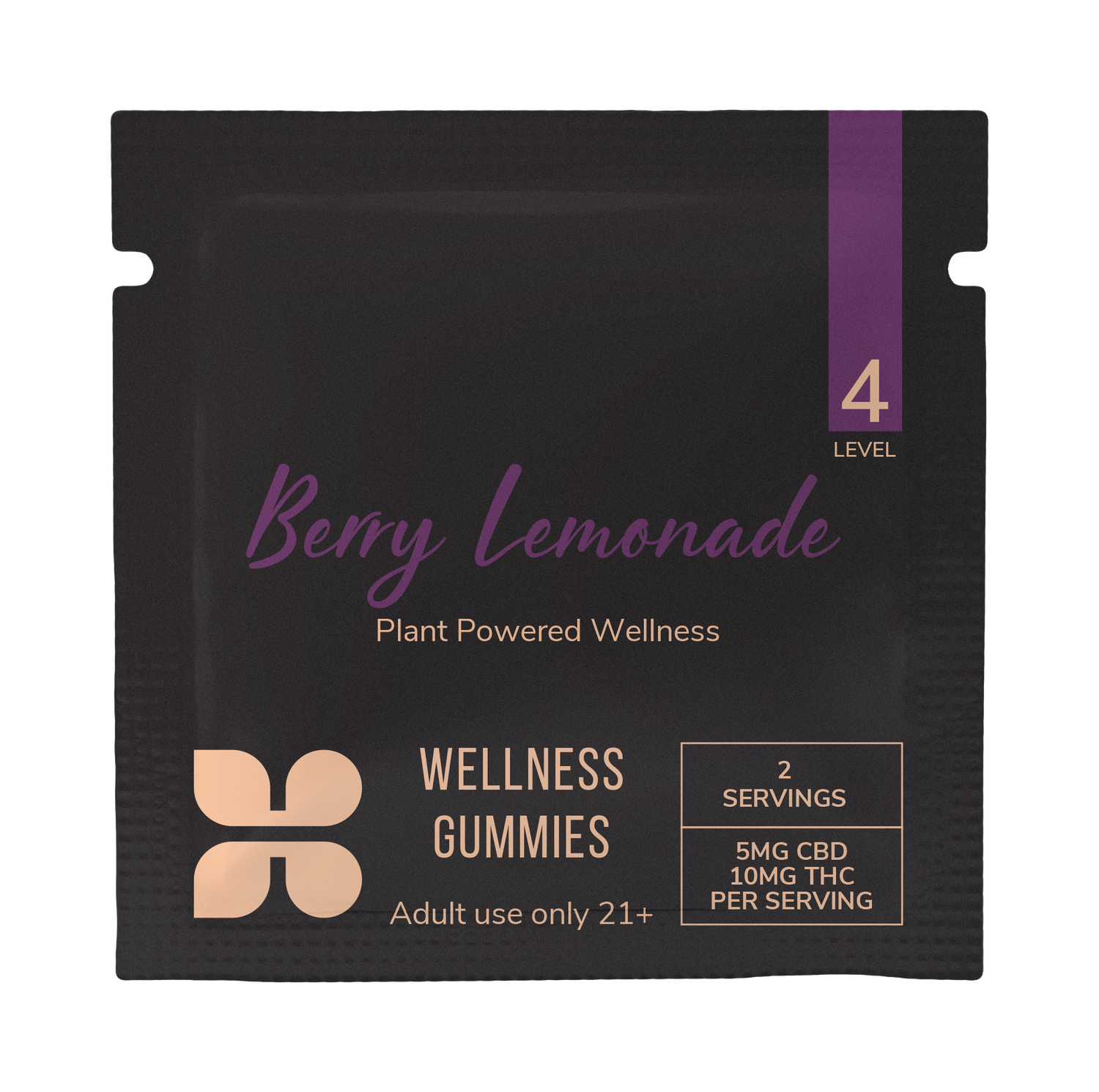 Berry Lemonade CBD gummies sample pack by Honey Bloom. The package features plant-powered wellness branding, labeled for adult use only, 21+. Contains 2 servings with 5mg CBD and 10mg THC per serving. Level 4 marked on the top corner.