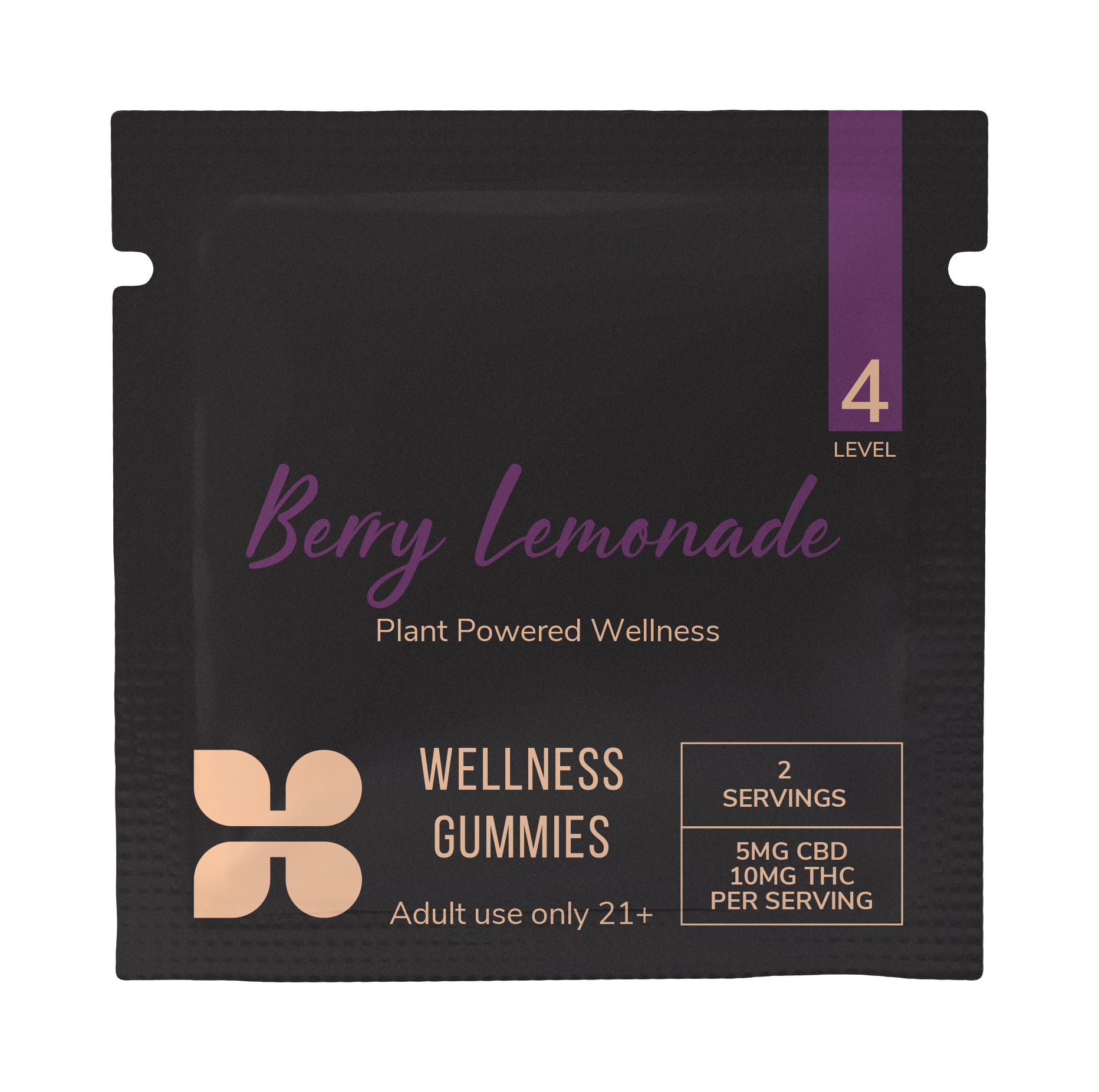 Berry Lemonade CBD gummies sample pack by Honey Bloom. The package features plant-powered wellness branding, labeled for adult use only, 21+. Contains 2 servings with 5mg CBD and 10mg THC per serving. Level 4 marked on the top corner.