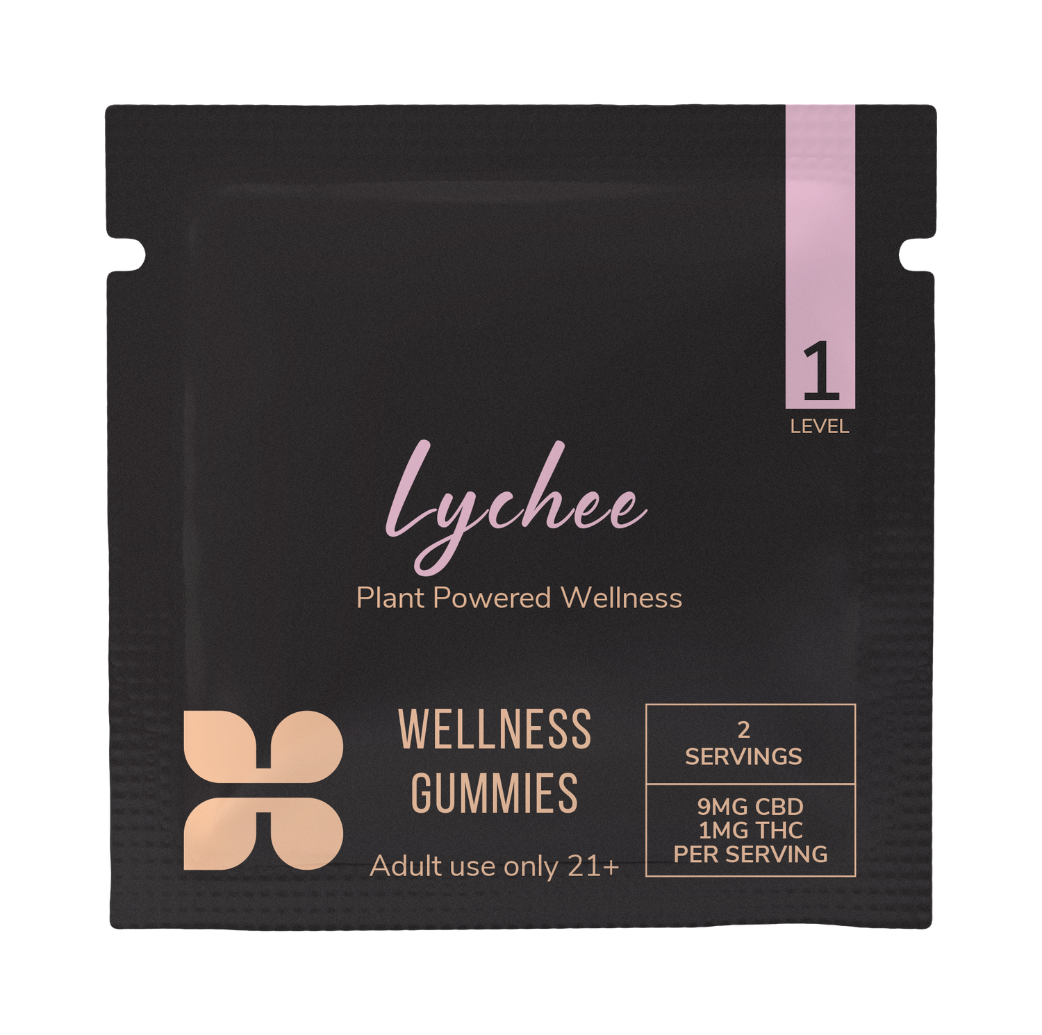 Lychee flavored CBD wellness gummies sample pack from Honey Bloom, featuring plant powered wellness, with 2 servings containing 9mg CBD and 1mg THC per serving, intended for adult use 21+.
