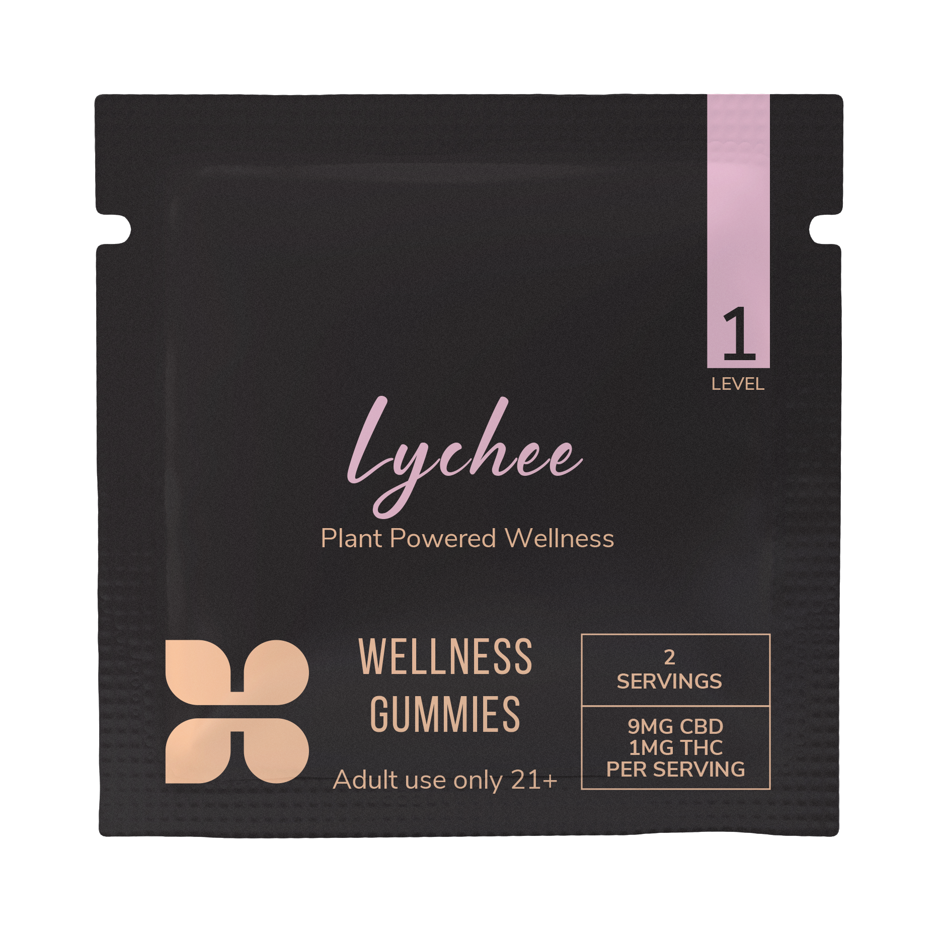 Lychee flavored CBD wellness gummies sample pack from Honey Bloom, featuring plant powered wellness, with 2 servings containing 9mg CBD and 1mg THC per serving, intended for adult use 21+.