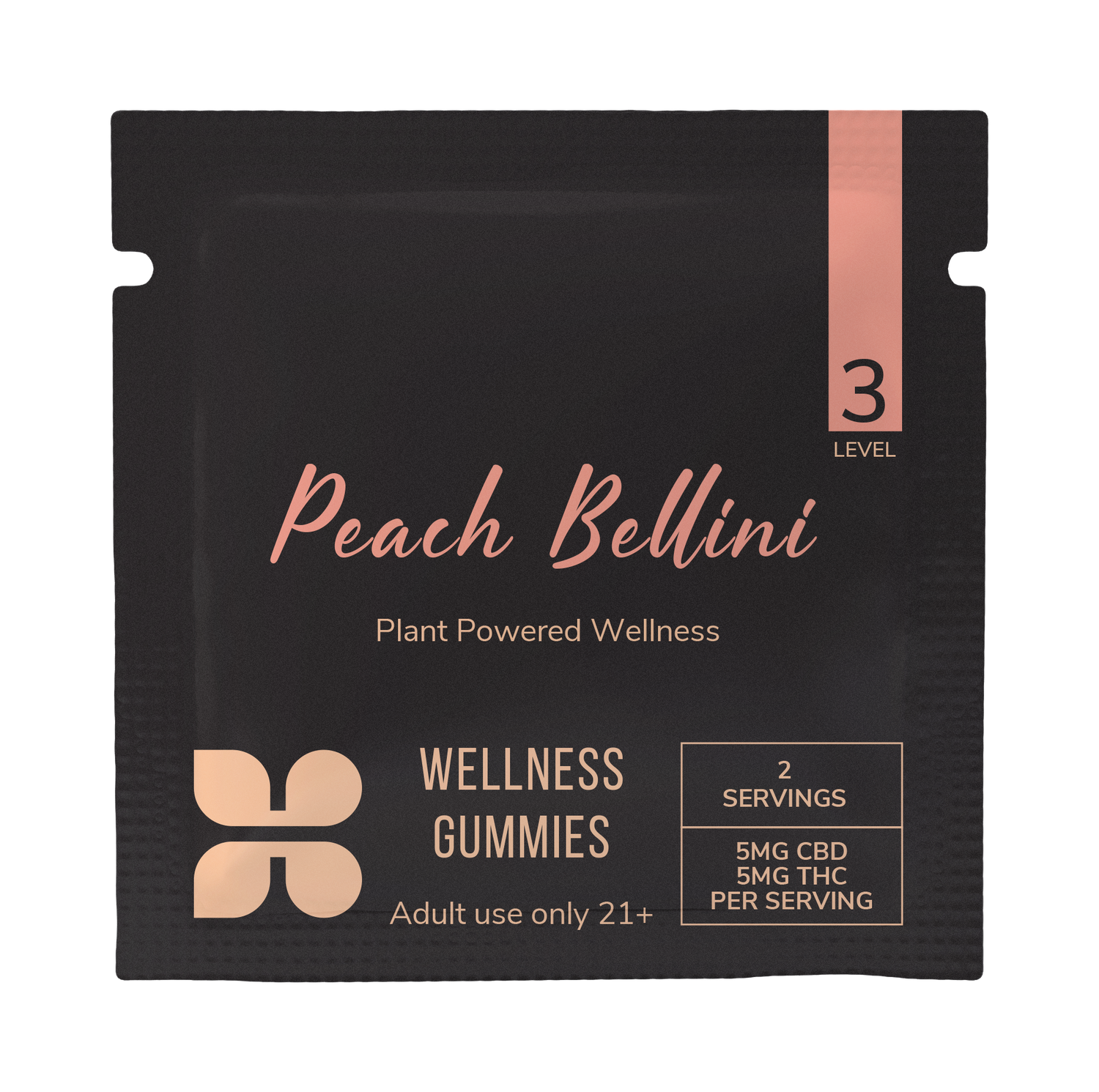 Peach Bellini CBD gummies sample pack with plant powered wellness label, contains 2 servings with 5mg CBD and 5mg THC each, for adults 21 and over.