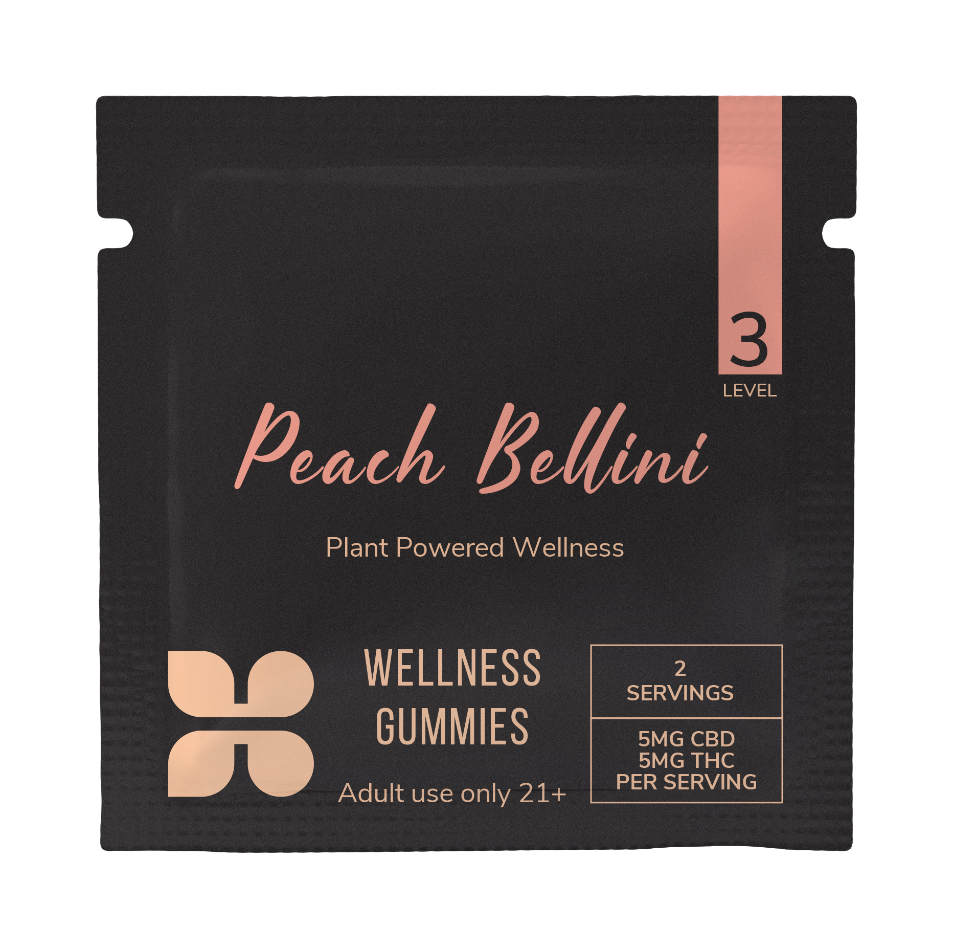 Peach Bellini CBD gummies sample pack with plant powered wellness label, contains 2 servings with 5mg CBD and 5mg THC each, for adults 21 and over.