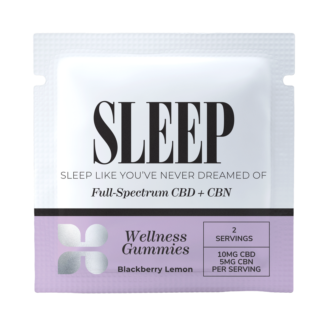 Package of Sleep Full-Spectrum CBD + CBN Gummies, Blackberry Lemon flavor, with 2 servings containing 10mg CBD and 5mg CBN per serving, for wellness exploration by Honey Bloom.