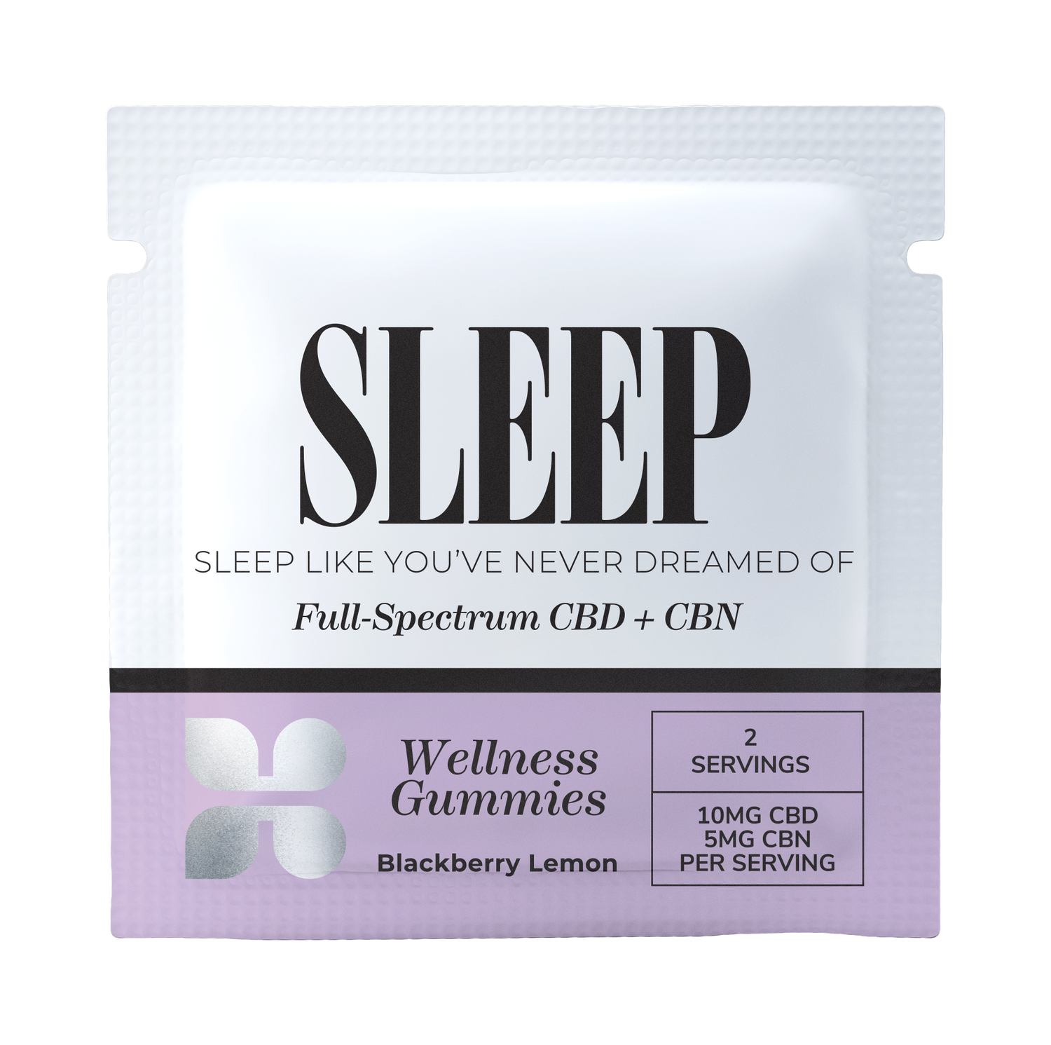 Package of Sleep Full-Spectrum CBD + CBN Gummies, Blackberry Lemon flavor, with 2 servings containing 10mg CBD and 5mg CBN per serving, for wellness exploration by Honey Bloom.