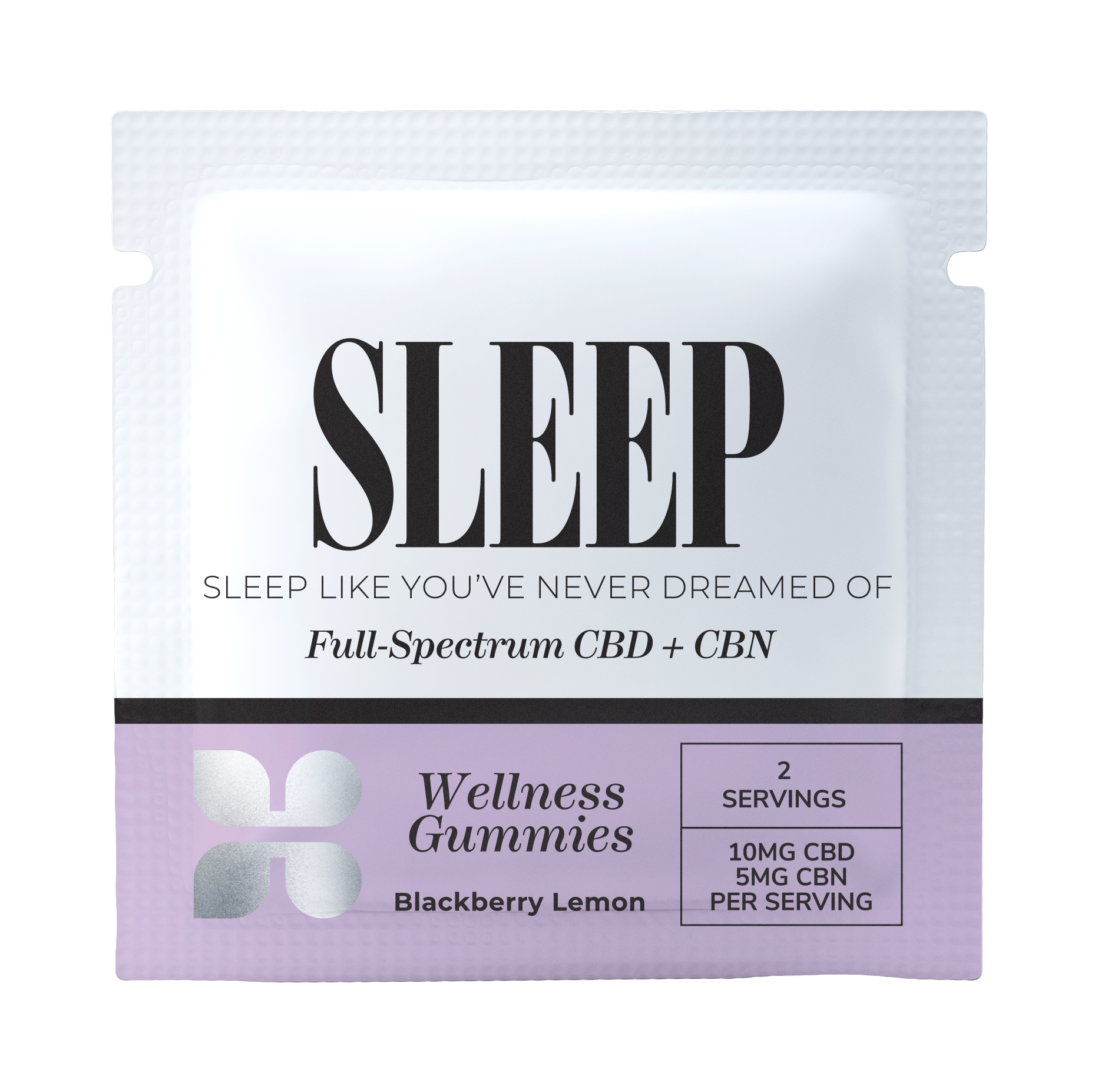 Package of Sleep Full-Spectrum CBD + CBN Gummies, Blackberry Lemon flavor, with 2 servings containing 10mg CBD and 5mg CBN per serving, for wellness exploration by Honey Bloom.