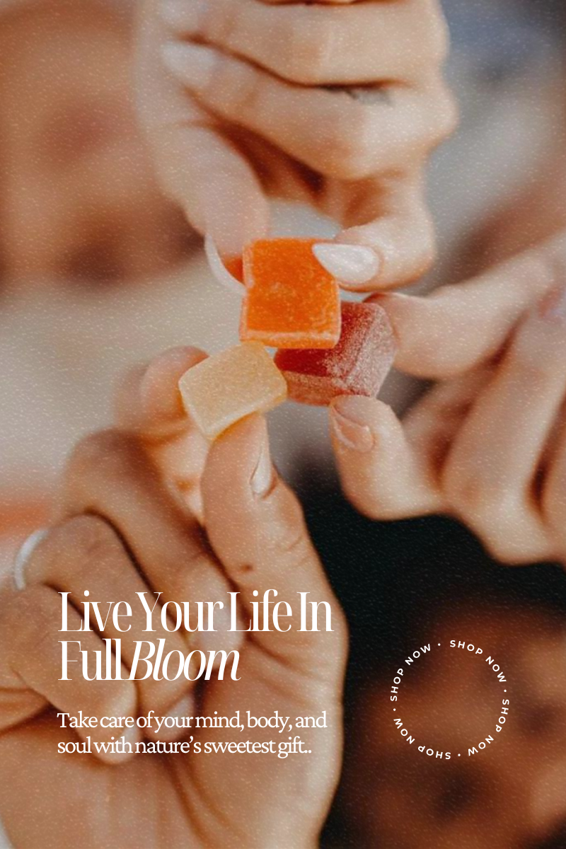 Honey Bloom plant-based gummies for relaxation, sleep, and mood enhancement with natural ingredients.