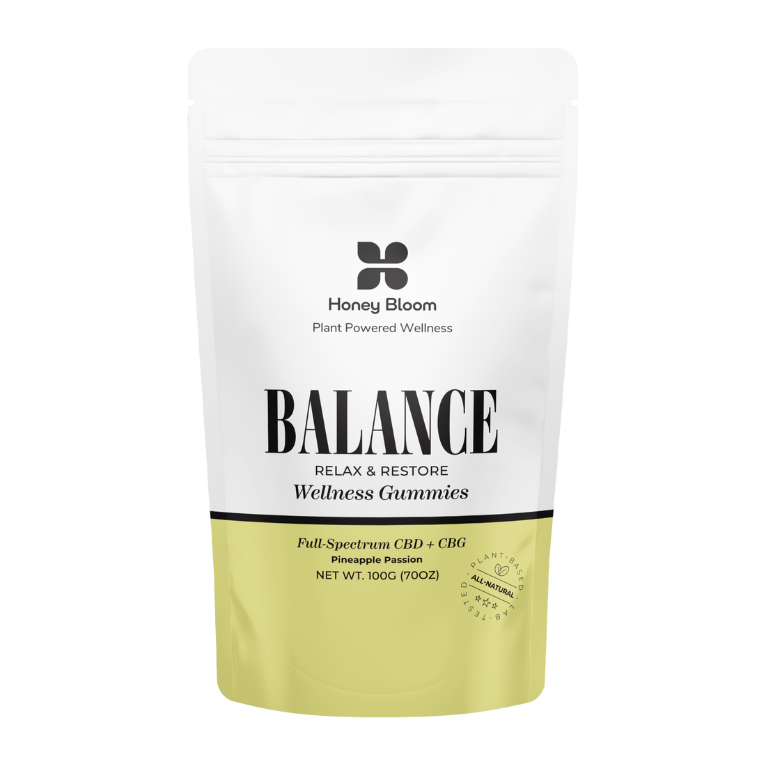 Honey Bloom Balance Wellness Gummies packaging featuring full-spectrum CBD+CBG with pineapple passion flavor, labeled &