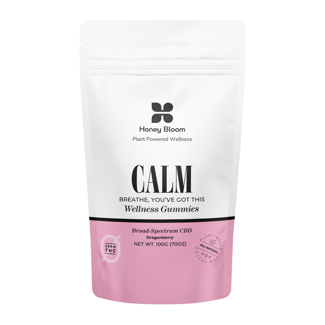 Honey Bloom Calm Gummies packaging featuring plant-powered wellness ingredients with broad-spectrum CBD and dragonberry flavor for stress relief.