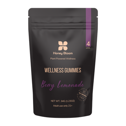 Honey Bloom Gummies Berry Lemonade packaging, emphasizing plant-powered wellness and adult use for enhanced wellbeing.