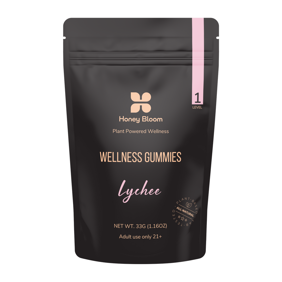 Honey Bloom Level 1 Wellness Gummies Lychee flavor pack, emphasizing plant-powered wellness and all-natural ingredients. Adult use only, 33g (1.16oz) package.
