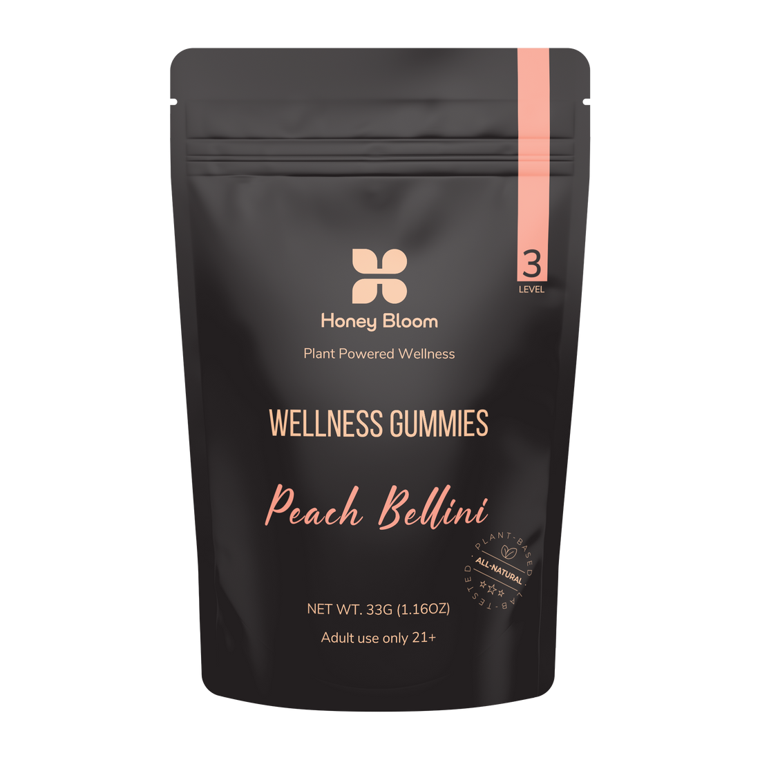 Pack of Honey Bloom Moderate Effect Gummies with Peach Bellini flavor, designed for balanced relaxation and euphoria, labeled for adult use only, plant-powered wellness, 33g.