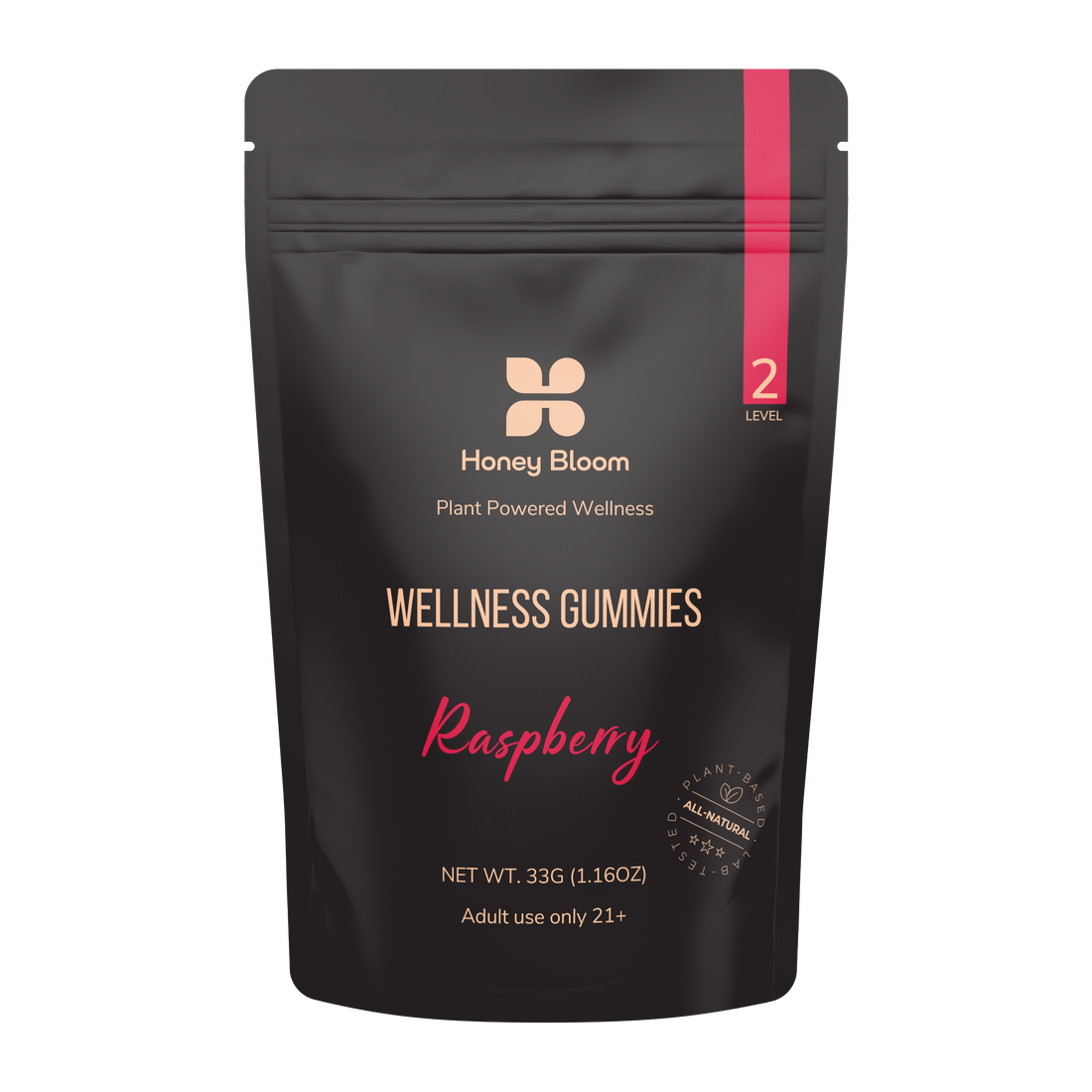 Packaging of Honey Bloom Raspberry Wellness Gummies, Plant Powered Wellness, 10-Pack Bliss. Adult use only 21+. Net weight 33g (1.16oz).