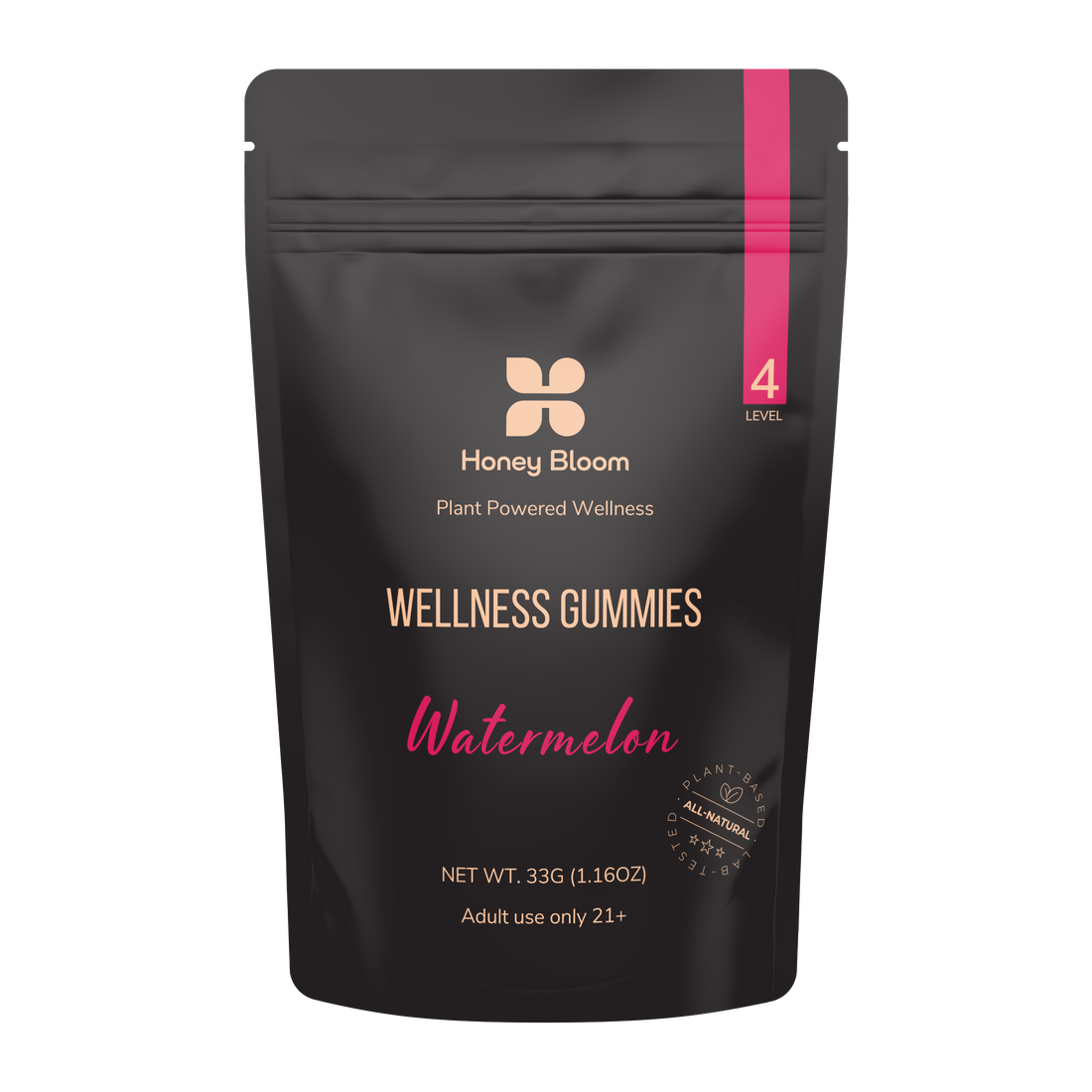 Black pouch packaging of Honey Bloom Level 4 Wellness Gummies, featuring the words &