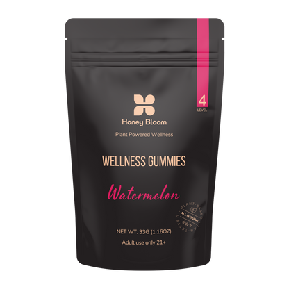 Black pouch packaging of Honey Bloom Level 4 Wellness Gummies, featuring the words &