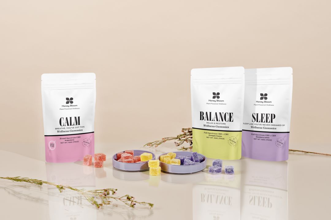 Display of Honey Bloom CBD gummies Collection: Calm, Balance and Sleep